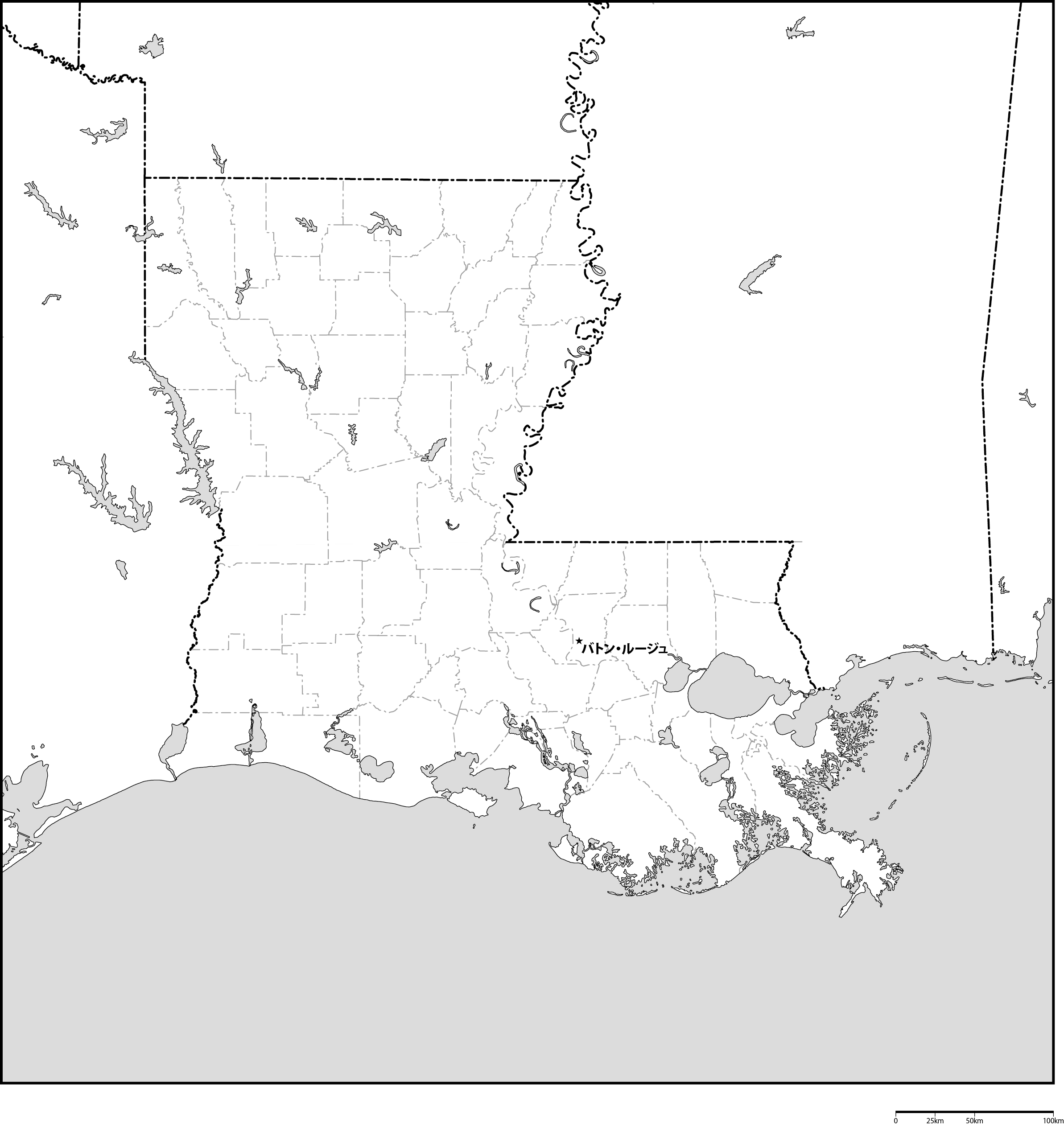 ルイジアナ州郡分け白地図州都あり(日本語)フリーデータの画像