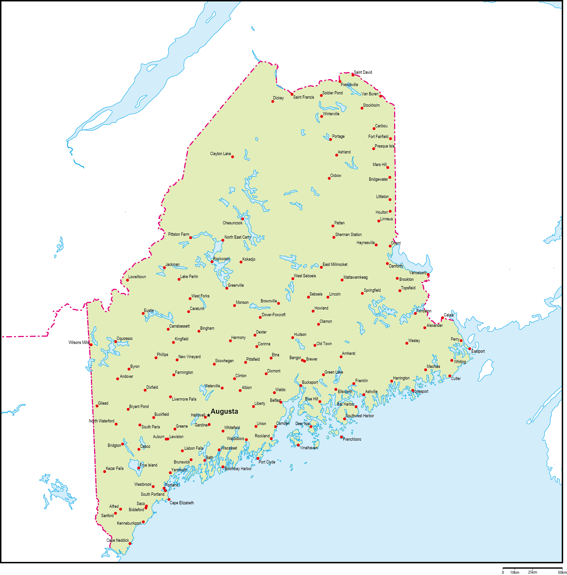 メイン州地図州都・主な都市あり(英語)フリーデータの画像