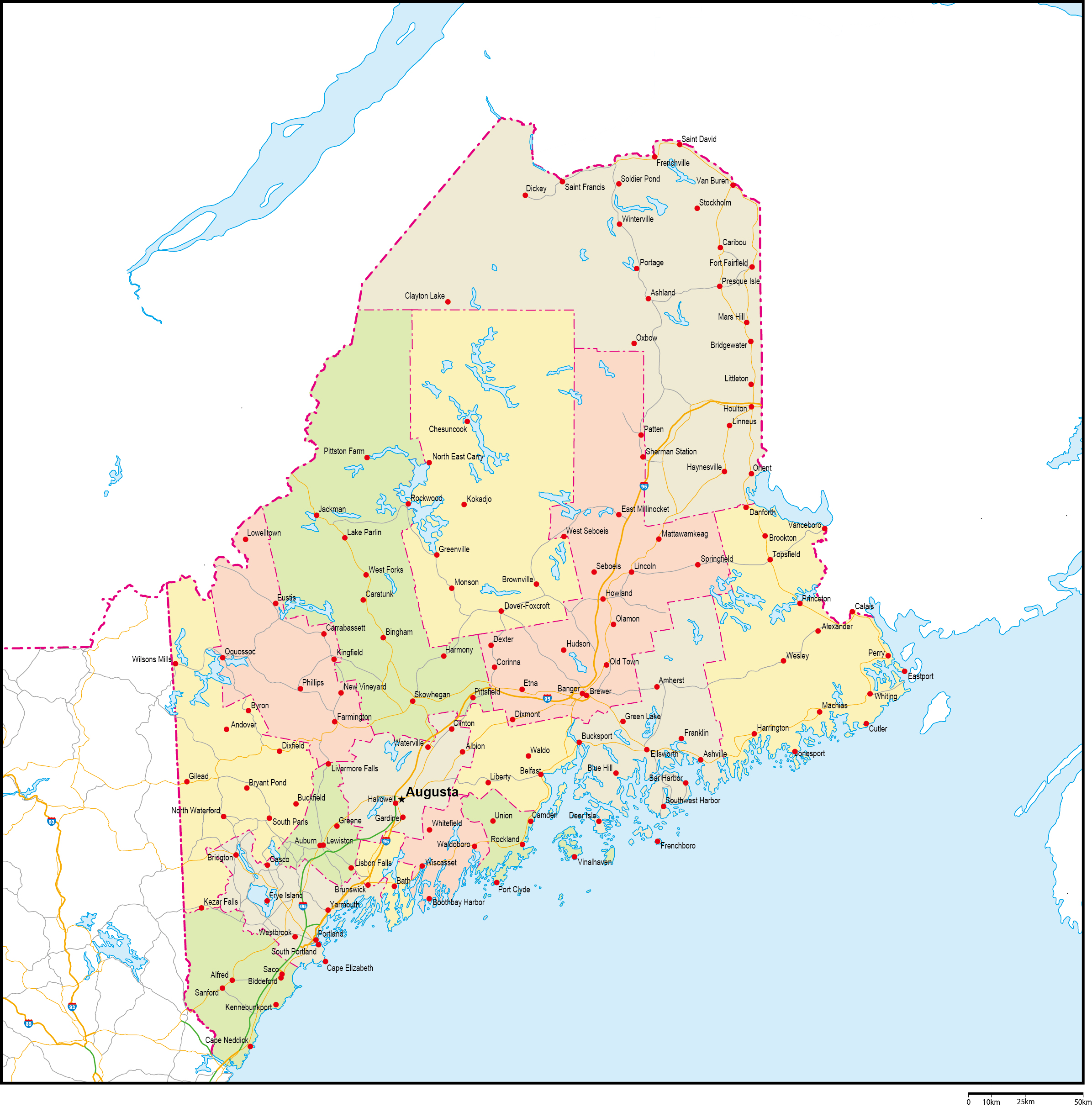 メイン州郡色分け地図州都・主な都市・道路あり(英語)フリーデータの画像
