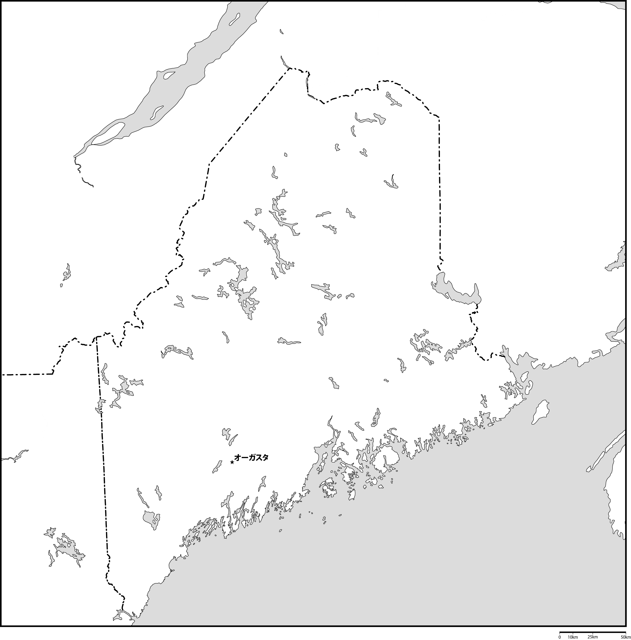 メイン州白地図州都あり(日本語)フリーデータの画像