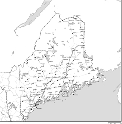 メイン州白地図州都・主な都市・道路あり(英語)