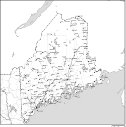 メイン州郡分け白地図州都・主な都市・道路あり(英語)