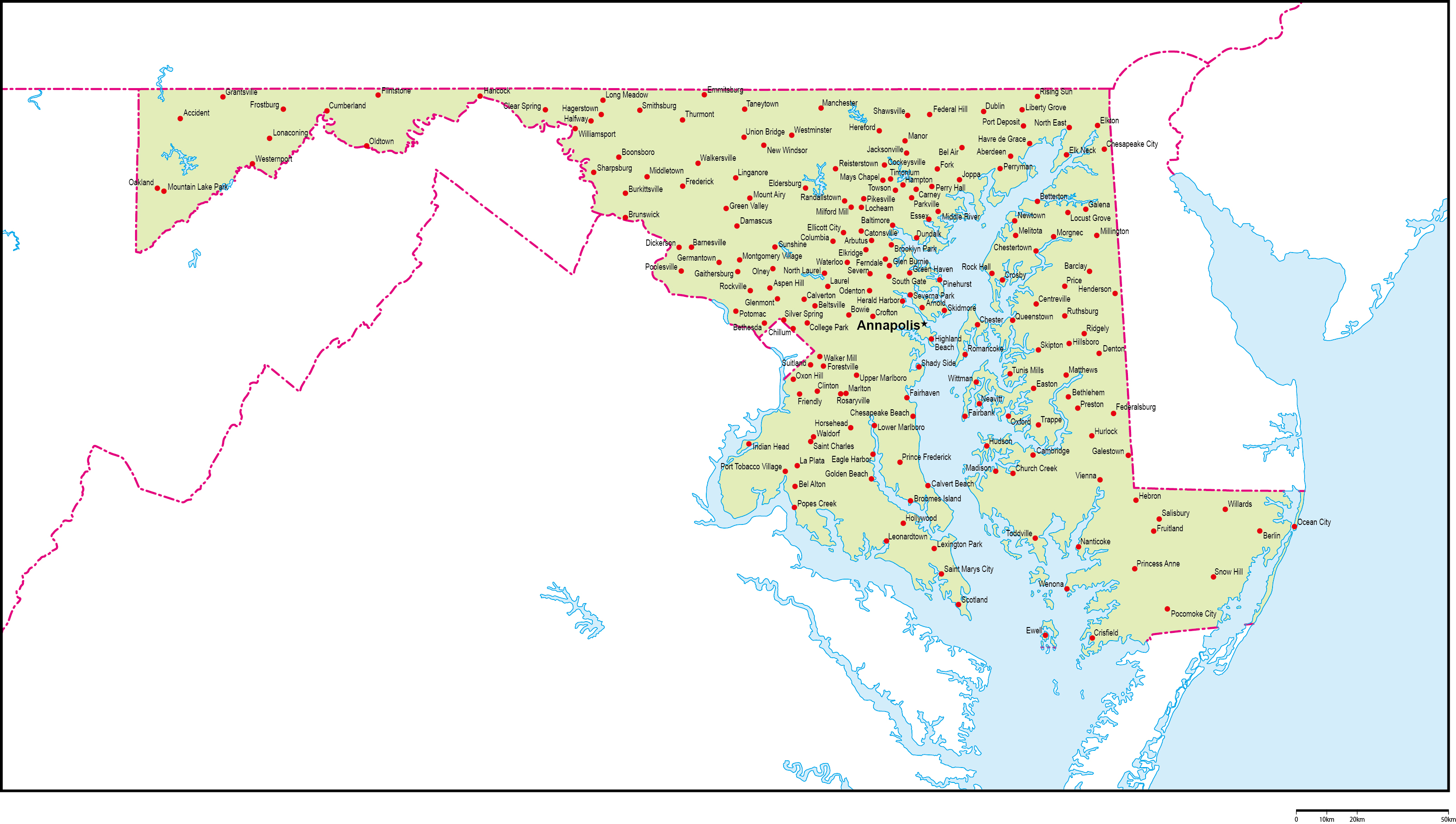 メリーランド州地図州都・主な都市あり(英語)フリーデータの画像