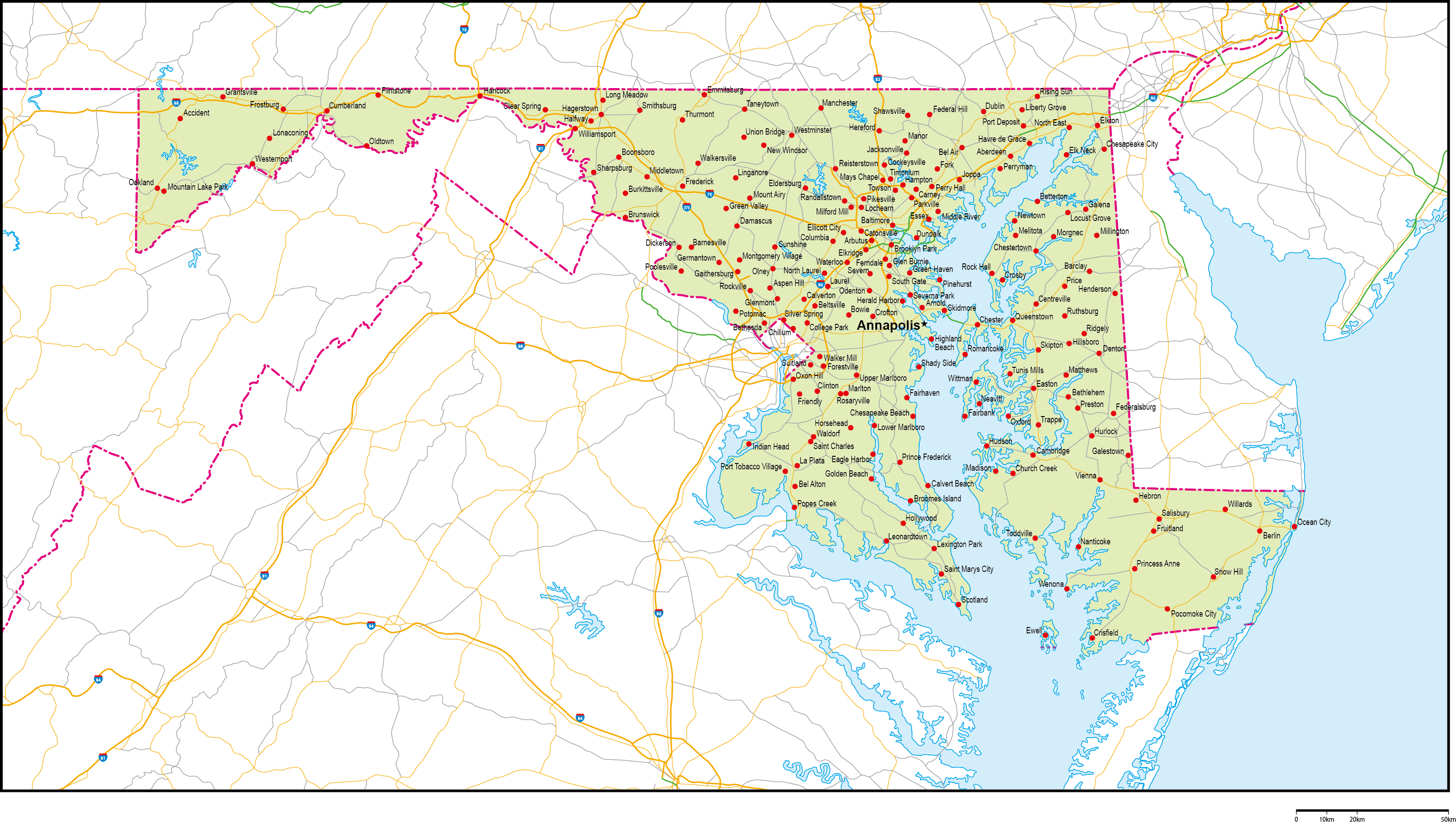 メリーランド州地図州都・主な都市・道路あり(英語)フリーデータの画像
