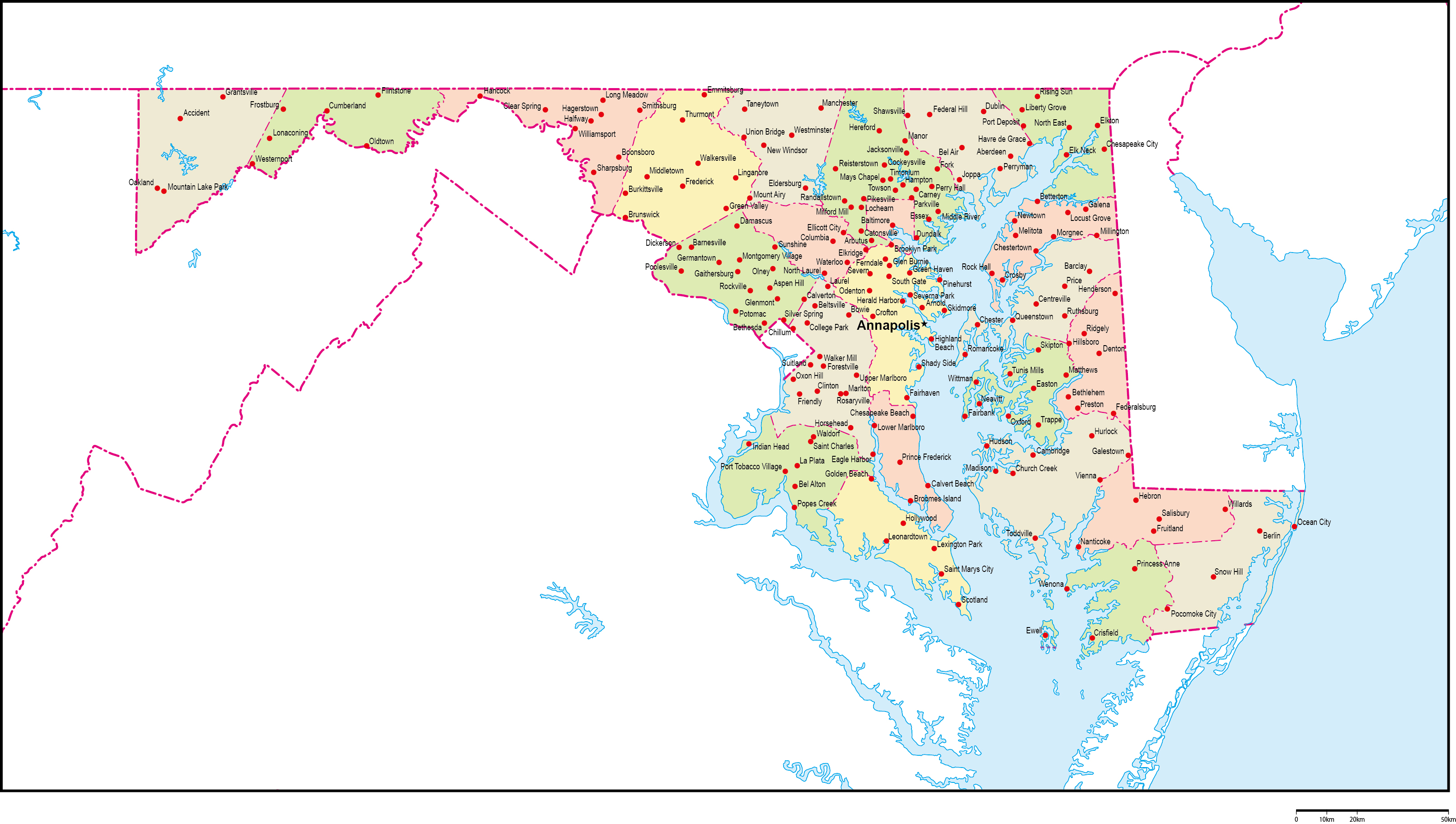 メリーランド州郡色分け地図州都・主な都市あり(英語)フリーデータの画像
