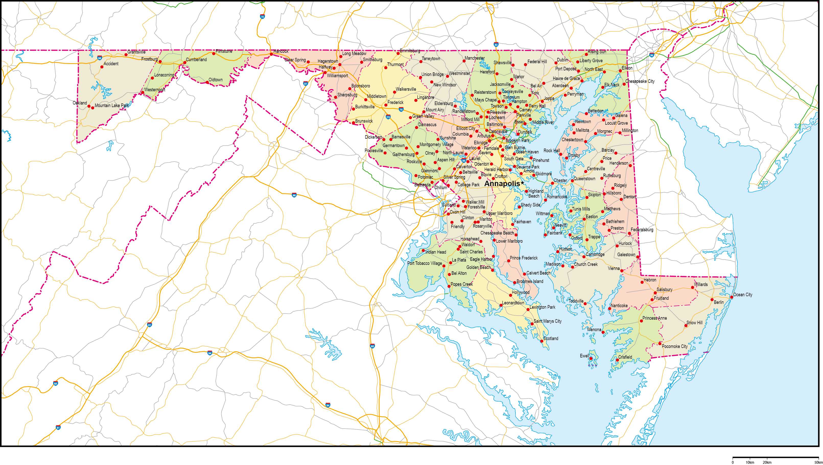 メリーランド州郡色分け地図州都・主な都市・道路あり(英語)フリーデータの画像