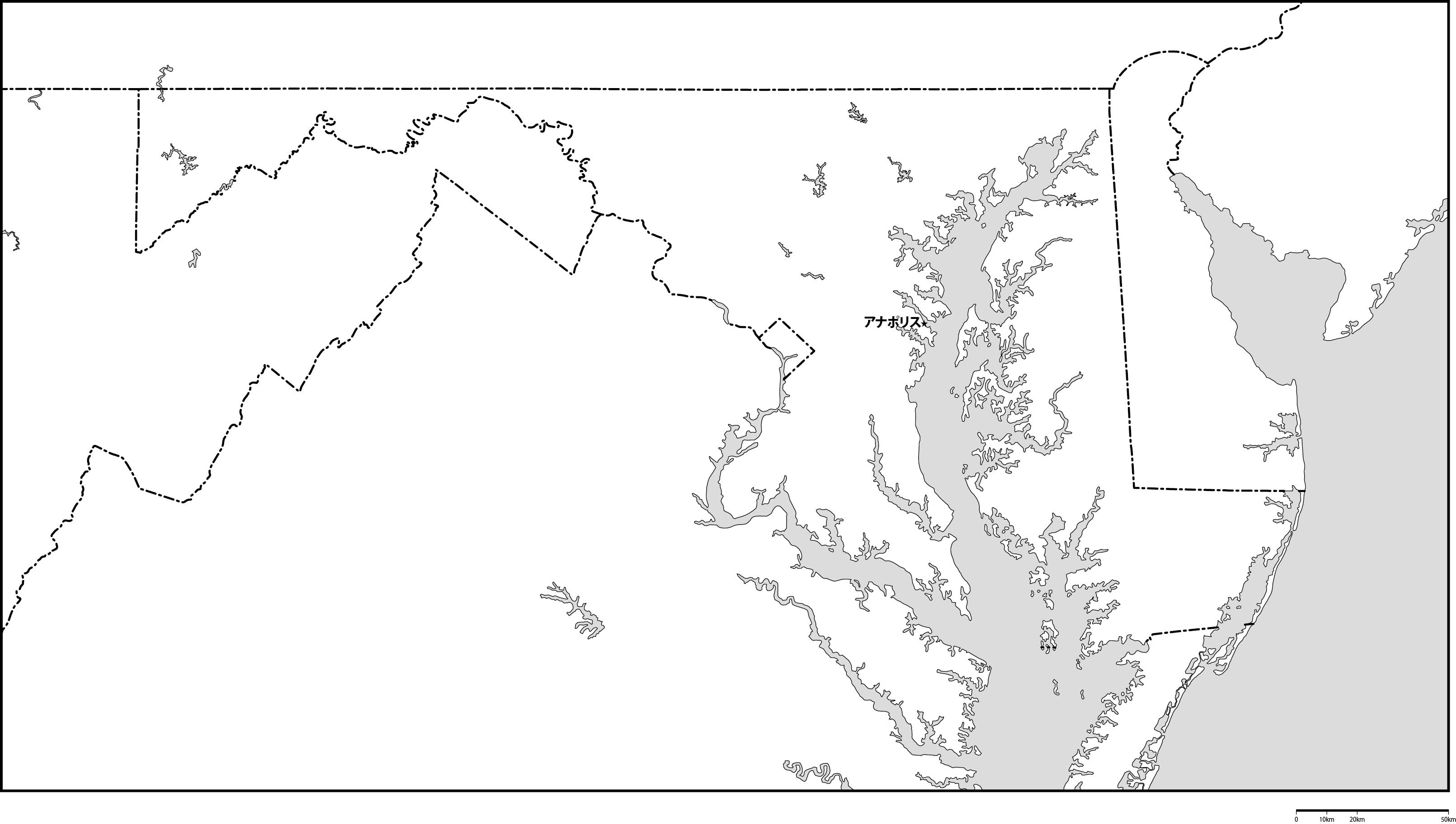 メリーランド州白地図州都あり(日本語)フリーデータの画像