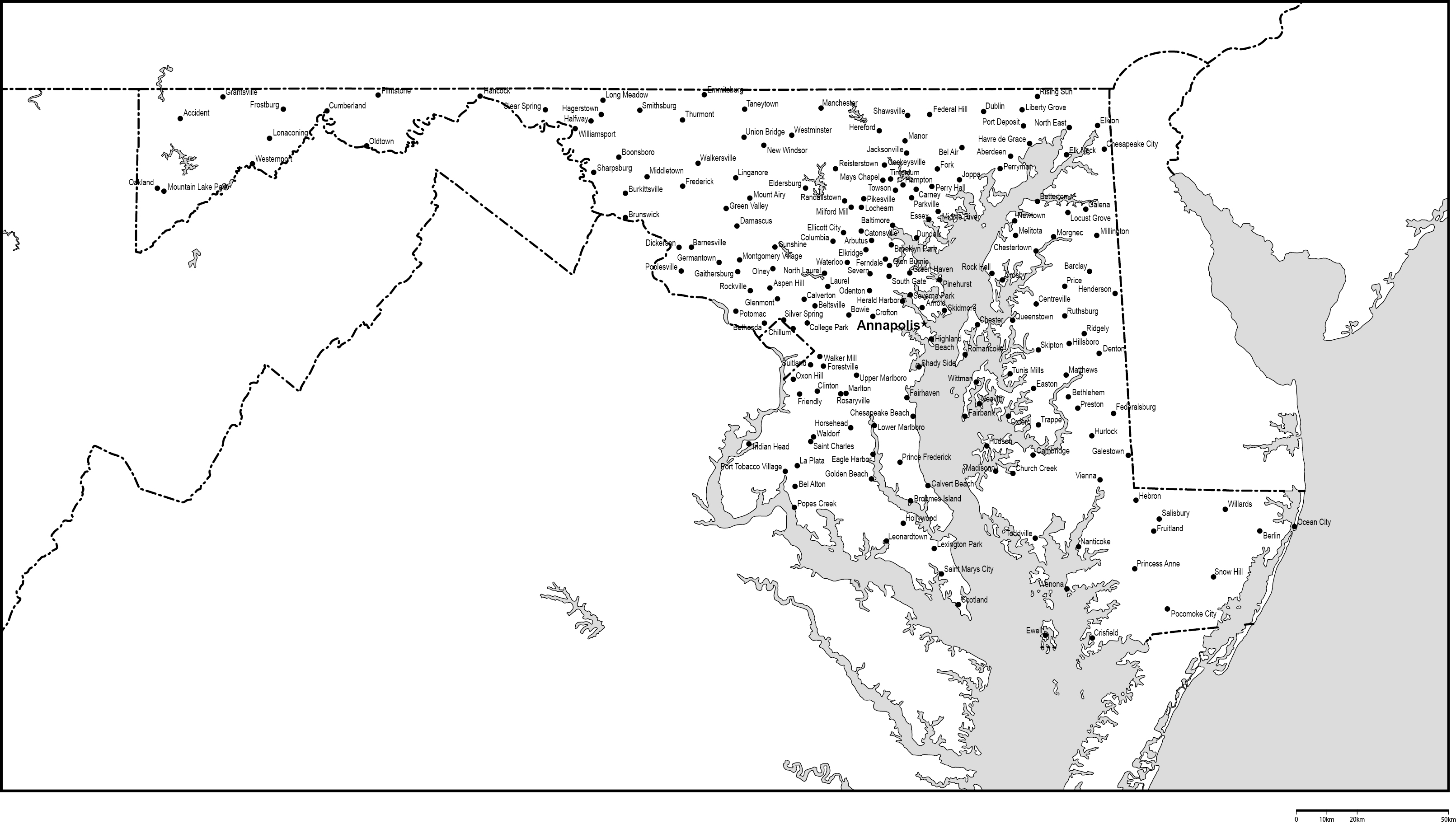 メリーランド州白地図州都・主な都市あり(英語)フリーデータの画像