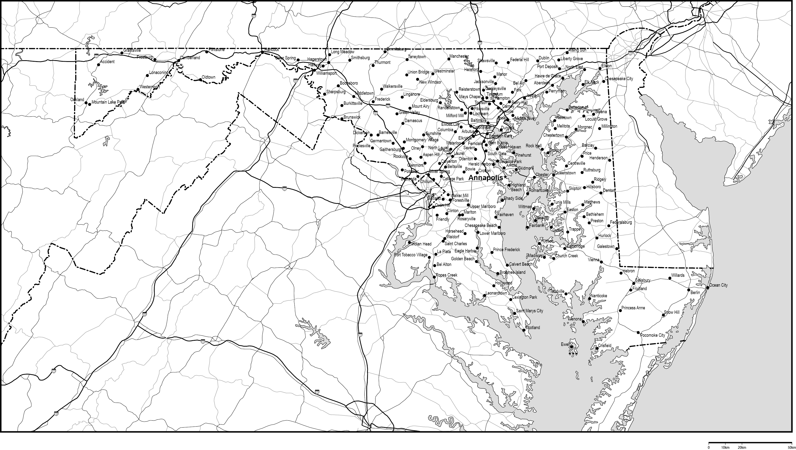 メリーランド州白地図州都・主な都市・道路あり(英語)フリーデータの画像