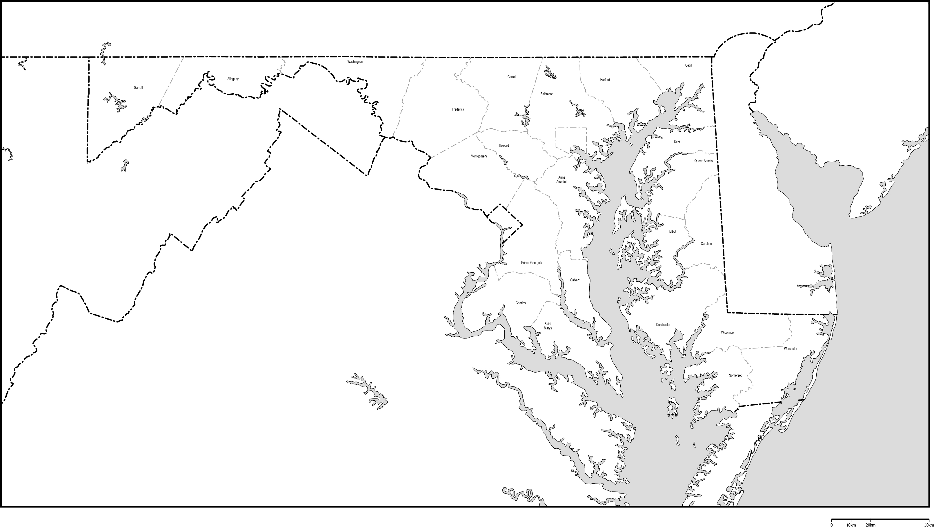 メリーランド州郡分け白地図郡名あり(英語)フリーデータの画像