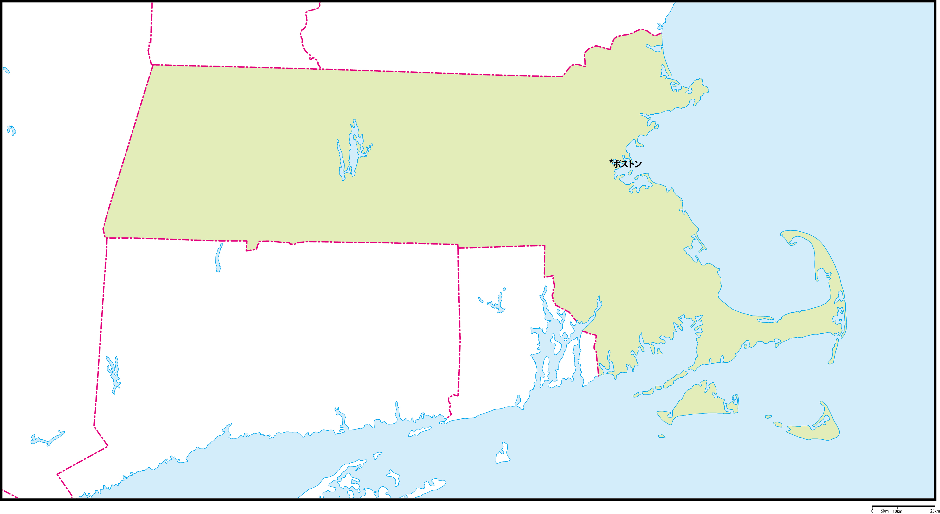 マサチューセッツ州地図州都あり(日本語)フリーデータの画像