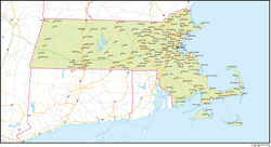 マサチューセッツ州地図州都・主な都市・道路あり(英語)