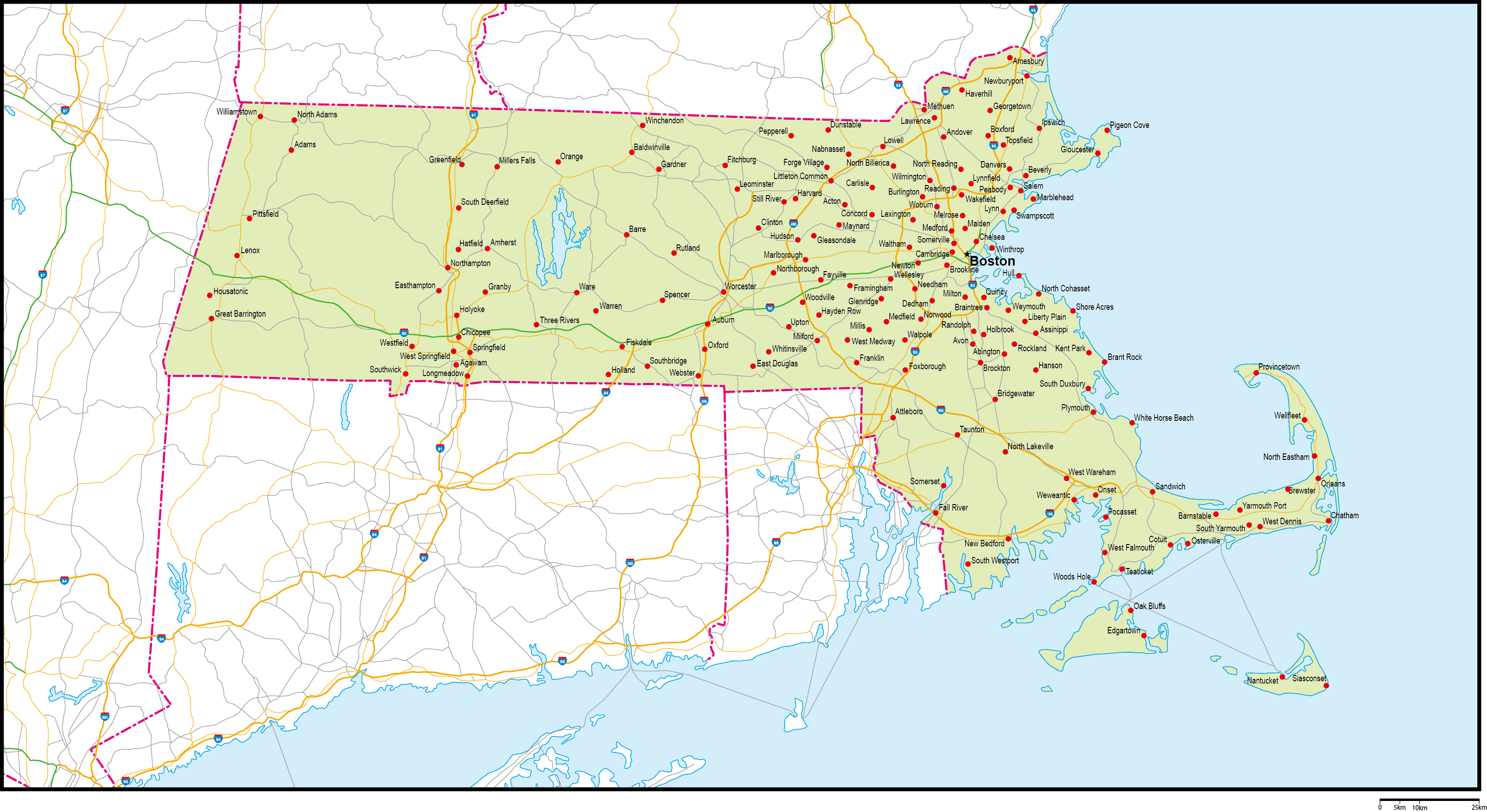 マサチューセッツ州地図州都・主な都市・道路あり(英語)フリーデータの画像
