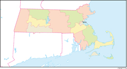 マサチューセッツ州郡色分け地図州都あり(英語)