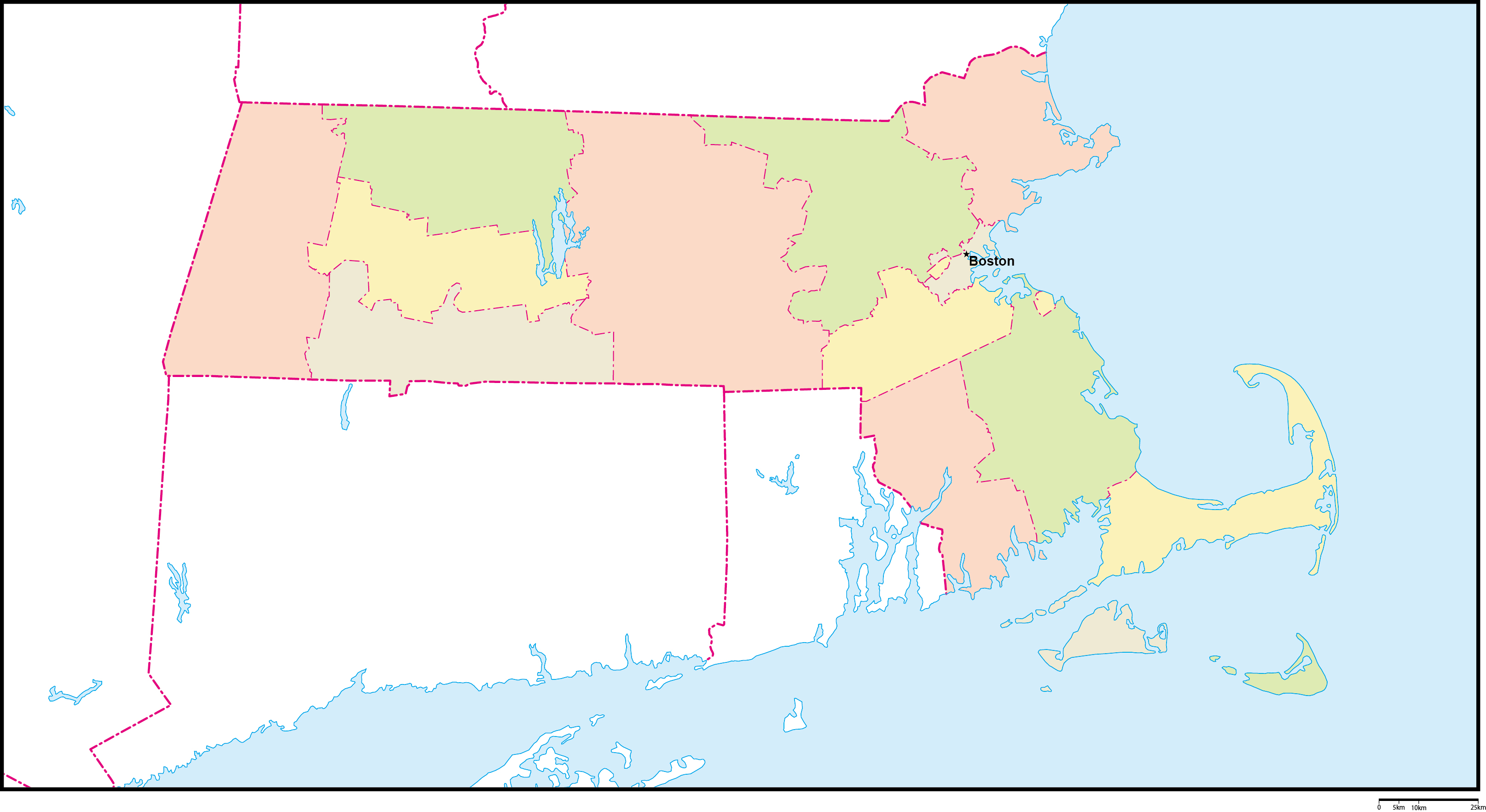 マサチューセッツ州郡色分け地図州都あり(英語)フリーデータの画像