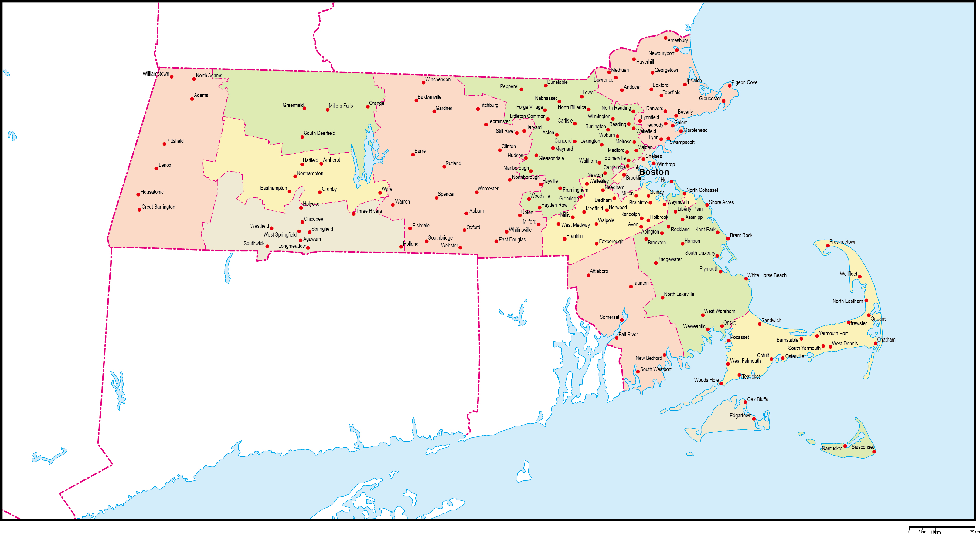 マサチューセッツ州郡色分け地図州都・主な都市あり(英語)フリーデータの画像