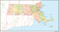 マサチューセッツ州郡色分け地図州都・主な都市・道路あり(英語)