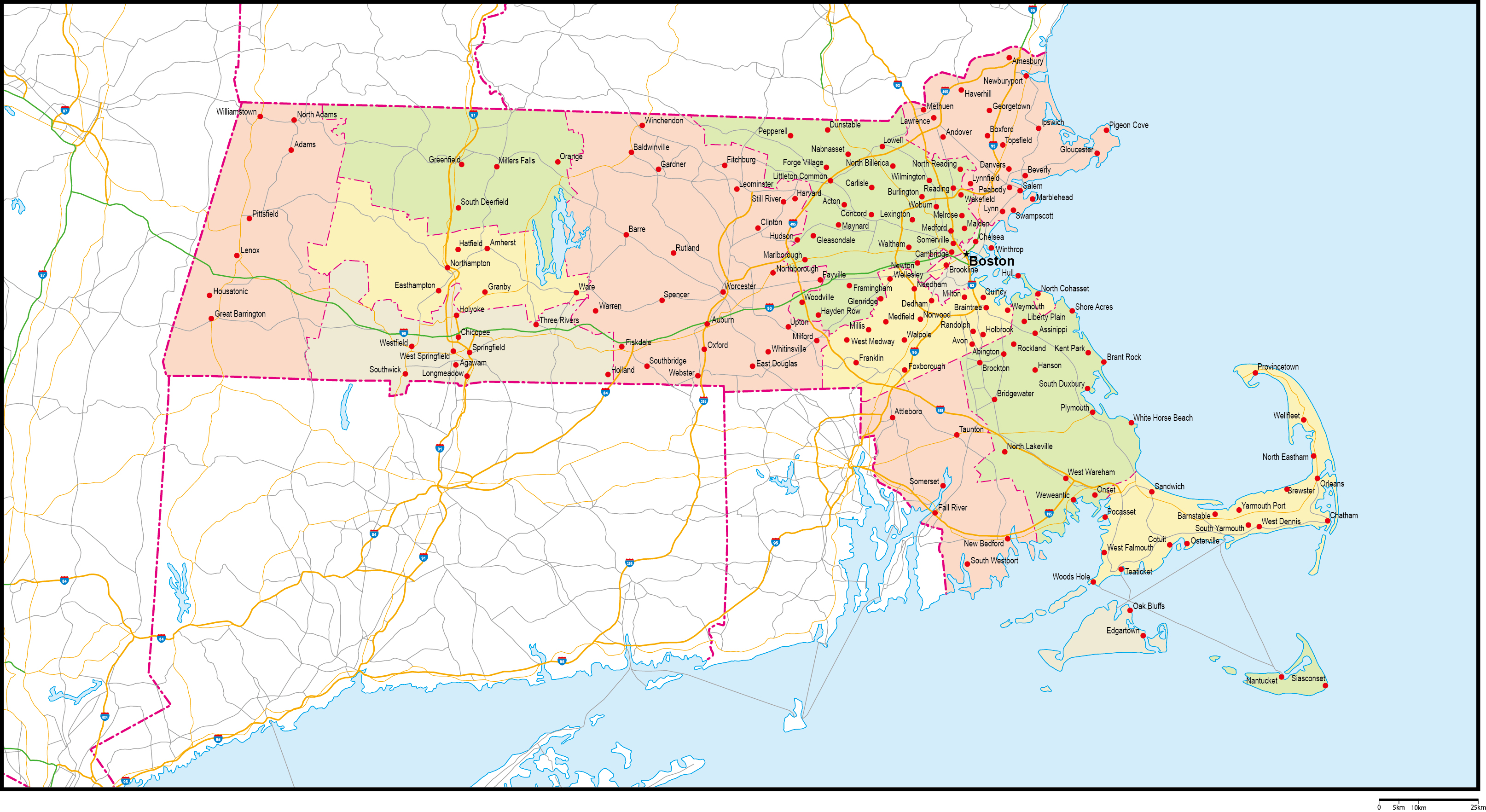 マサチューセッツ州郡色分け地図州都・主な都市・道路あり(英語)フリーデータの画像