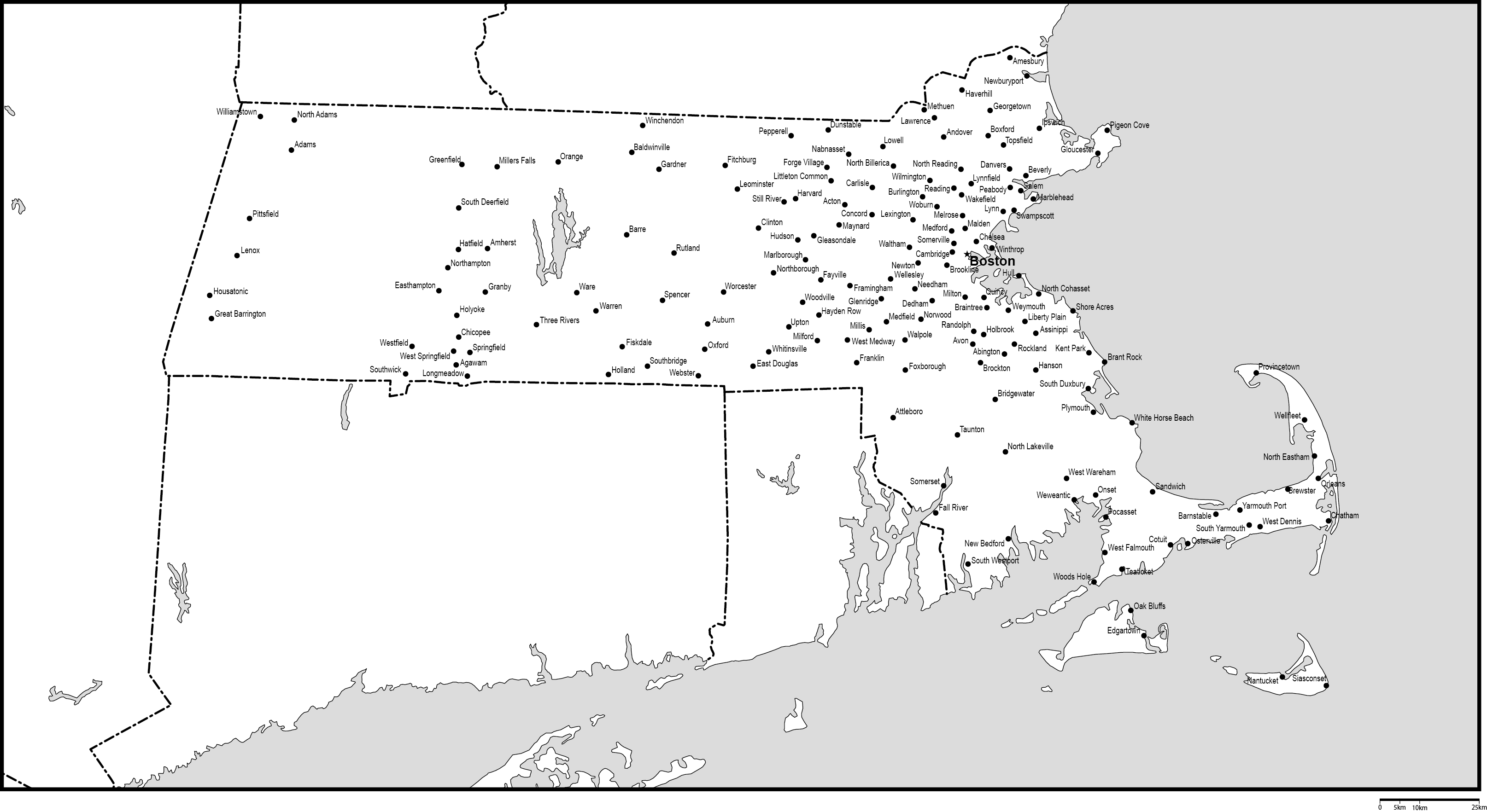 マサチューセッツ州白地図州都 主な都市あり 英語 フリーデータ