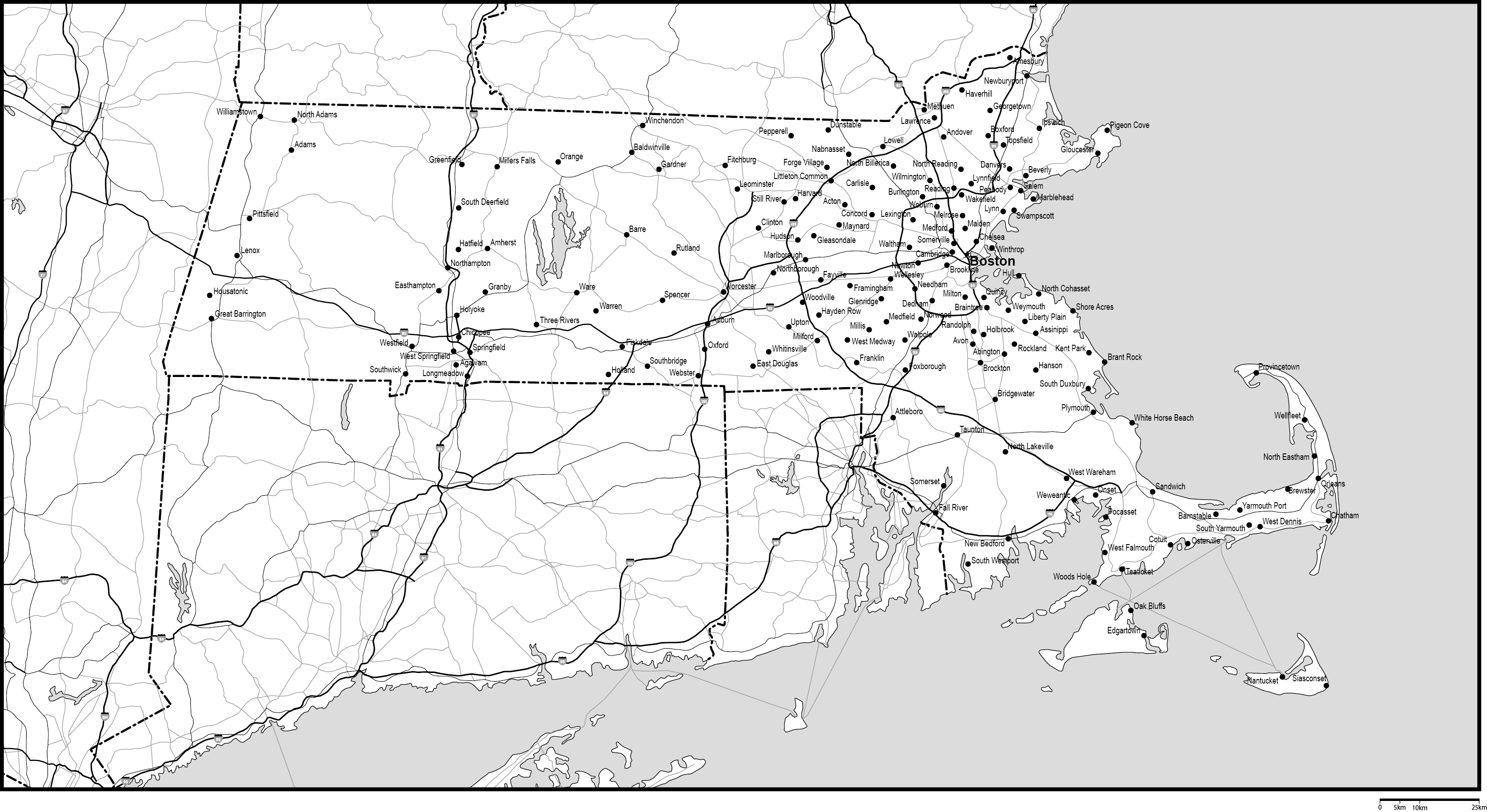 マサチューセッツ州白地図州都・主な都市・道路あり(英語)フリーデータの画像