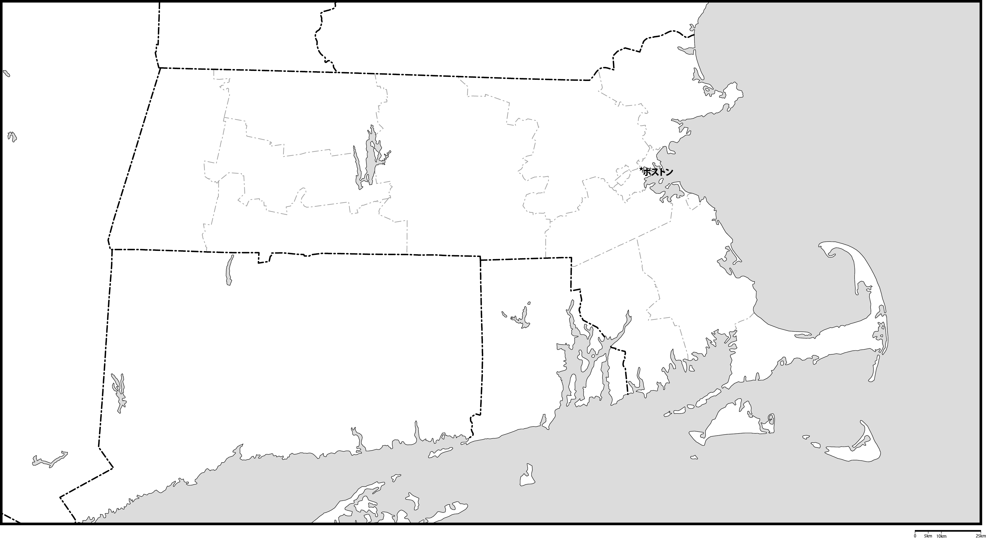 マサチューセッツ州郡分け白地図州都あり(日本語)フリーデータの画像