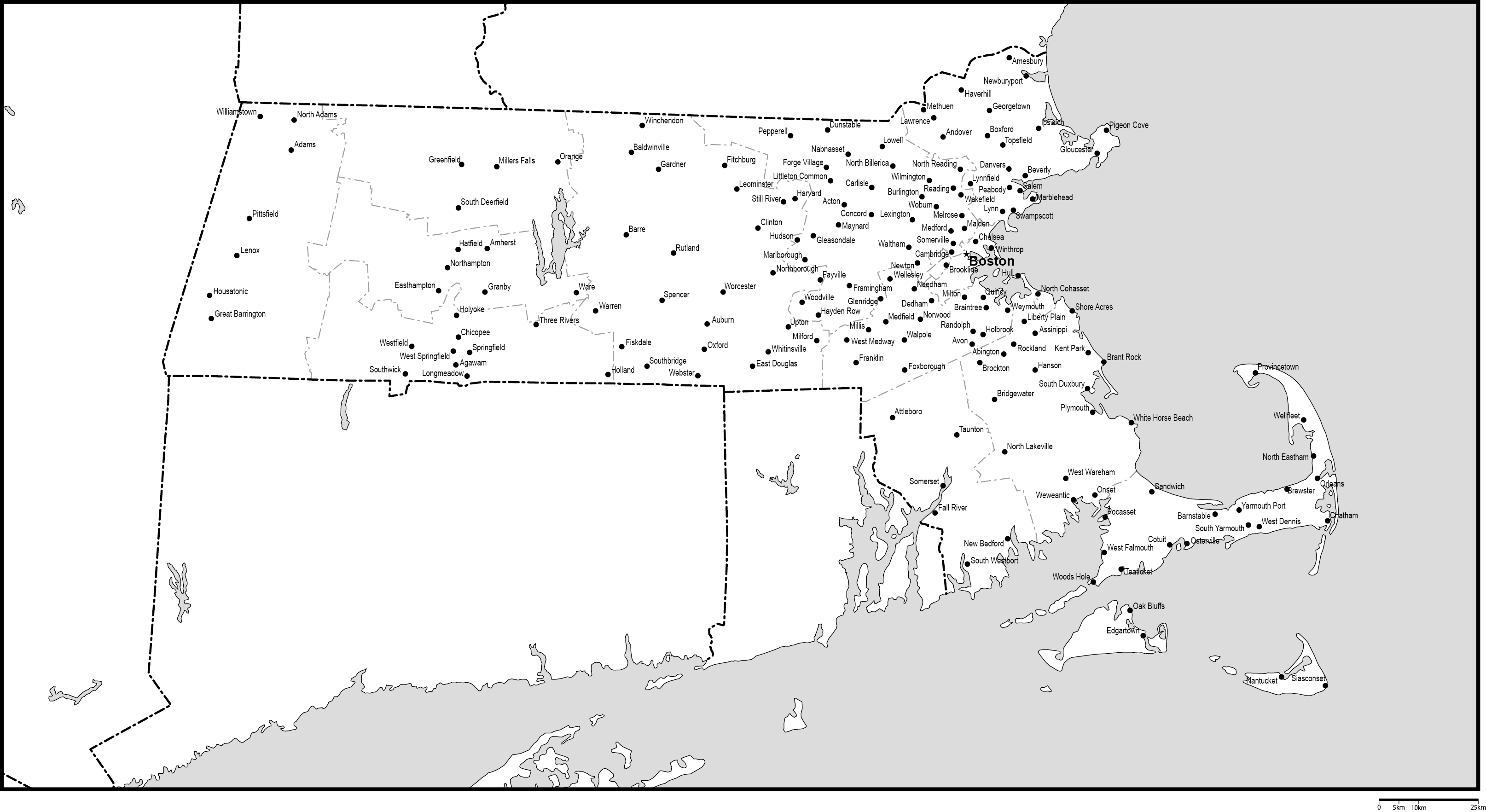 マサチューセッツ州郡分け白地図州都・主な都市あり(英語)フリーデータの画像