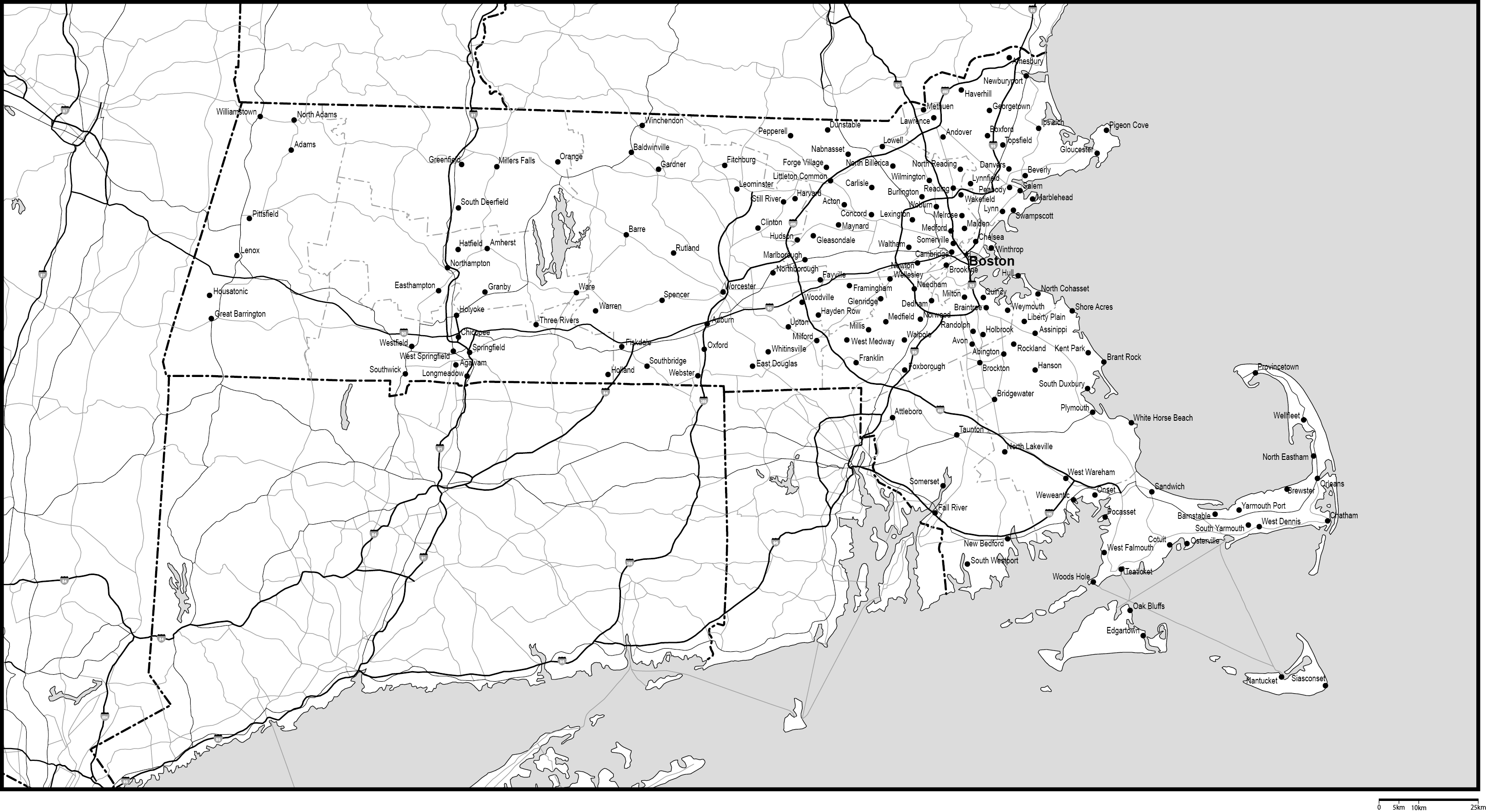マサチューセッツ州郡分け白地図州都・主な都市・道路あり(英語)フリーデータの画像