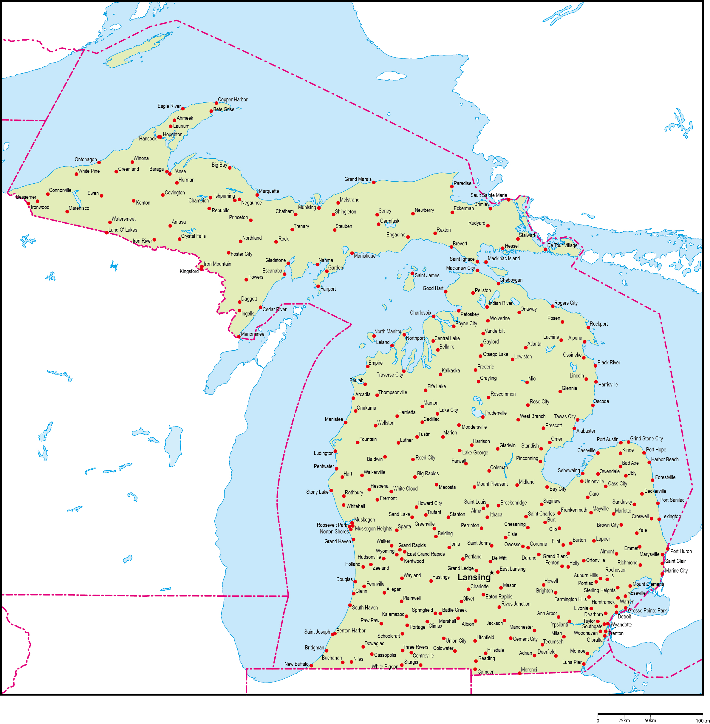 ミシガン州地図州都・主な都市あり(英語)フリーデータの画像