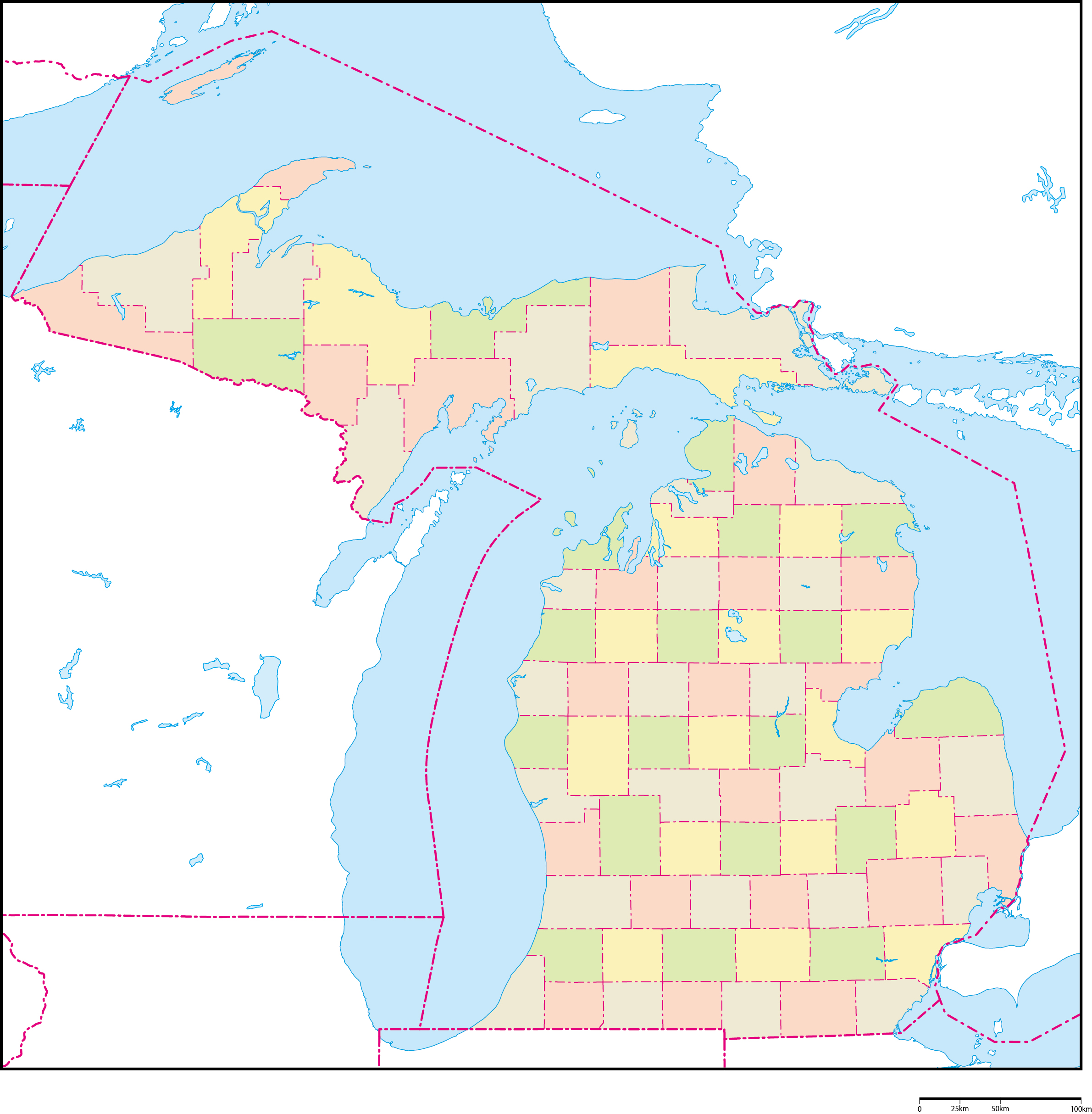 ミシガン州郡色分け地図フリーデータの画像