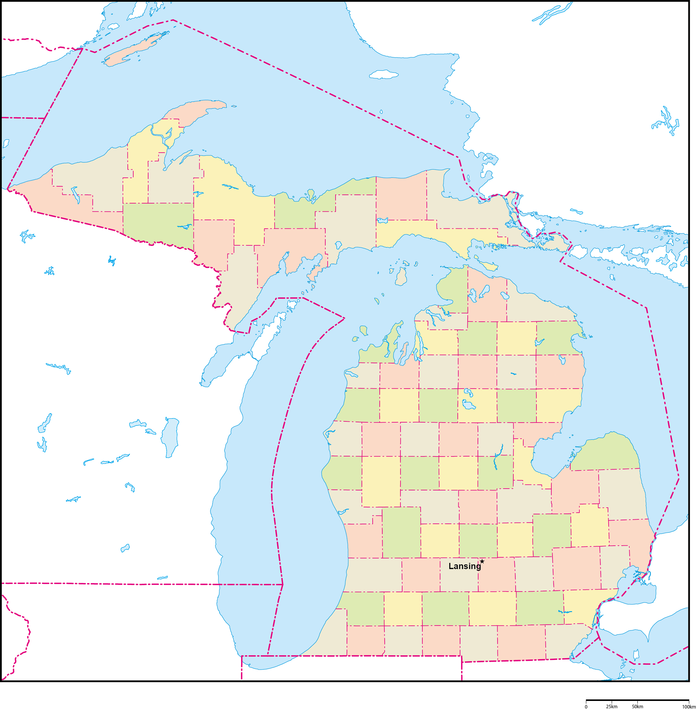 ミシガン州郡色分け地図州都あり(英語)フリーデータの画像