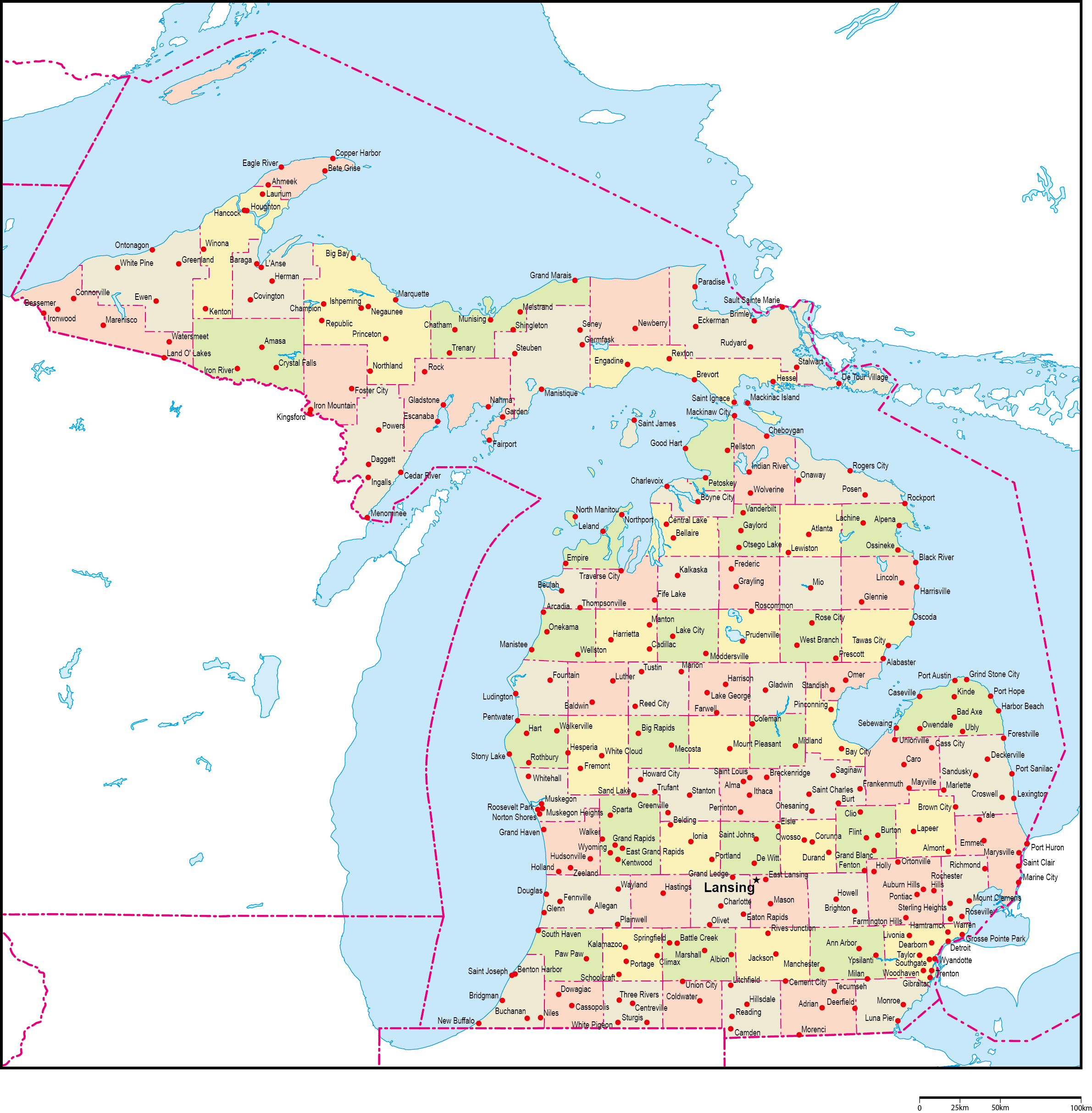 ミシガン州郡色分け地図州都・主な都市あり(英語)フリーデータの画像