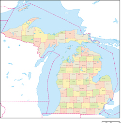 ミシガン州郡色分け地図郡名あり(日本語)