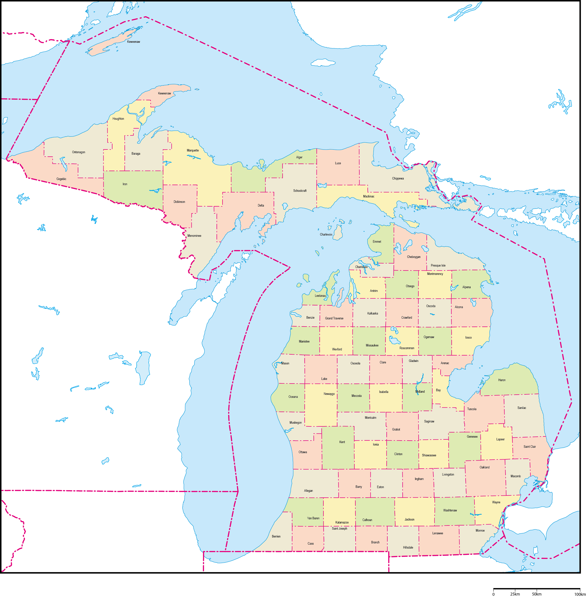 ミシガン州郡色分け地図郡名あり(英語)フリーデータの画像