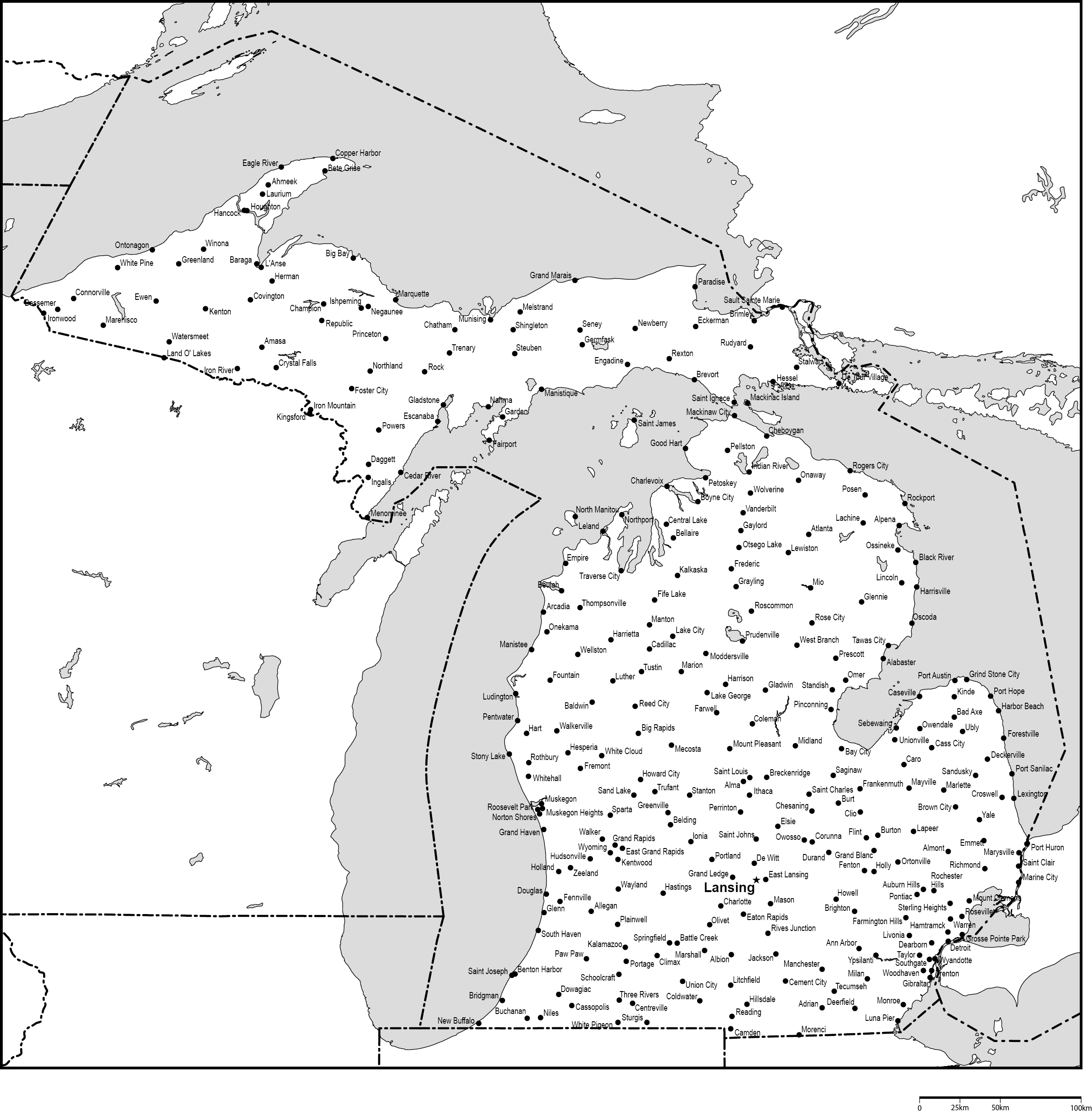 ミシガン州白地図州都・主な都市あり(英語)フリーデータの画像