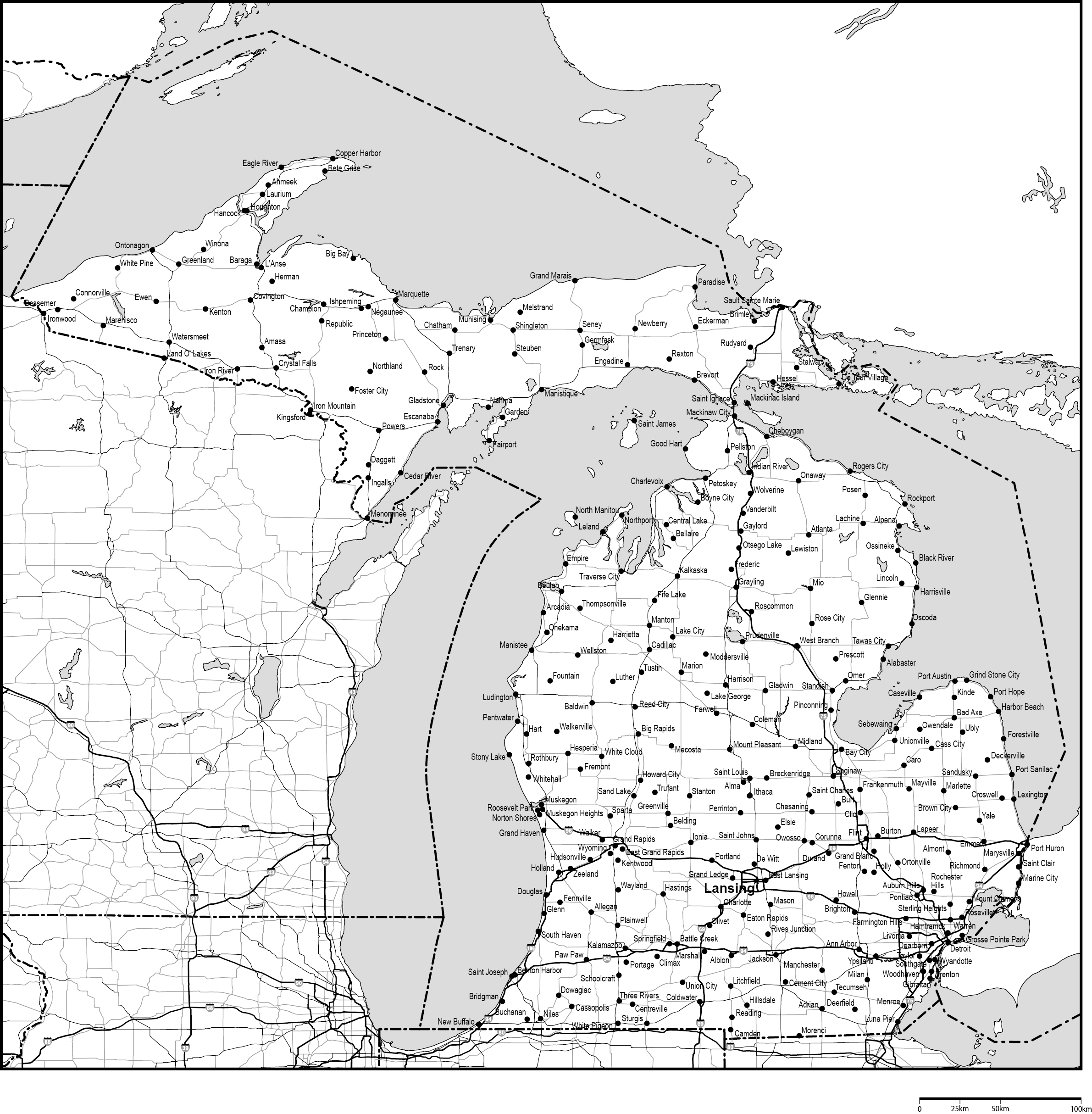 ミシガン州白地図州都・主な都市・道路あり(英語)フリーデータの画像