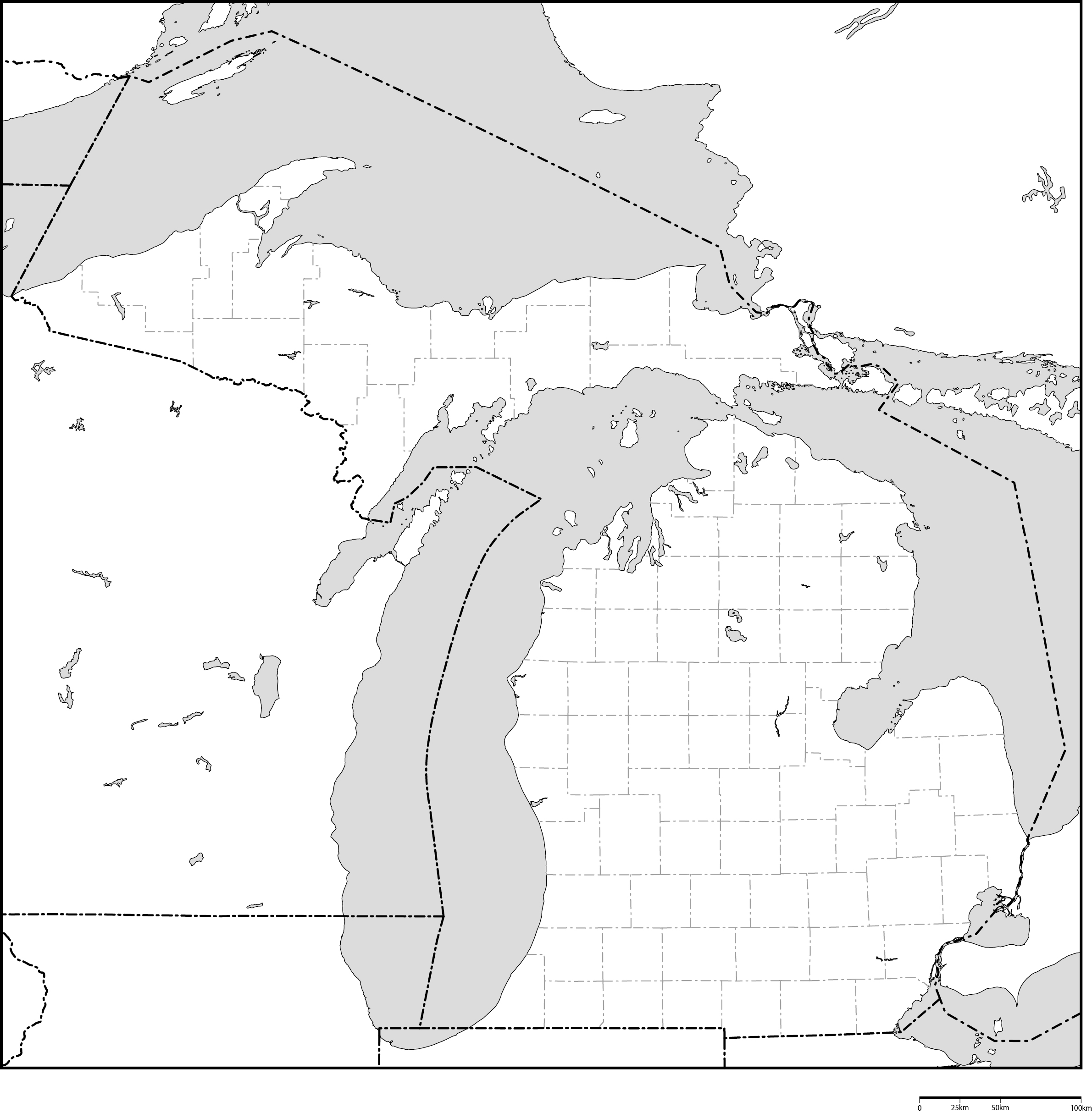 ミシガン州郡分け白地図フリーデータの画像