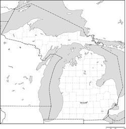 ミシガン州郡分け白地図州都あり(日本語)
