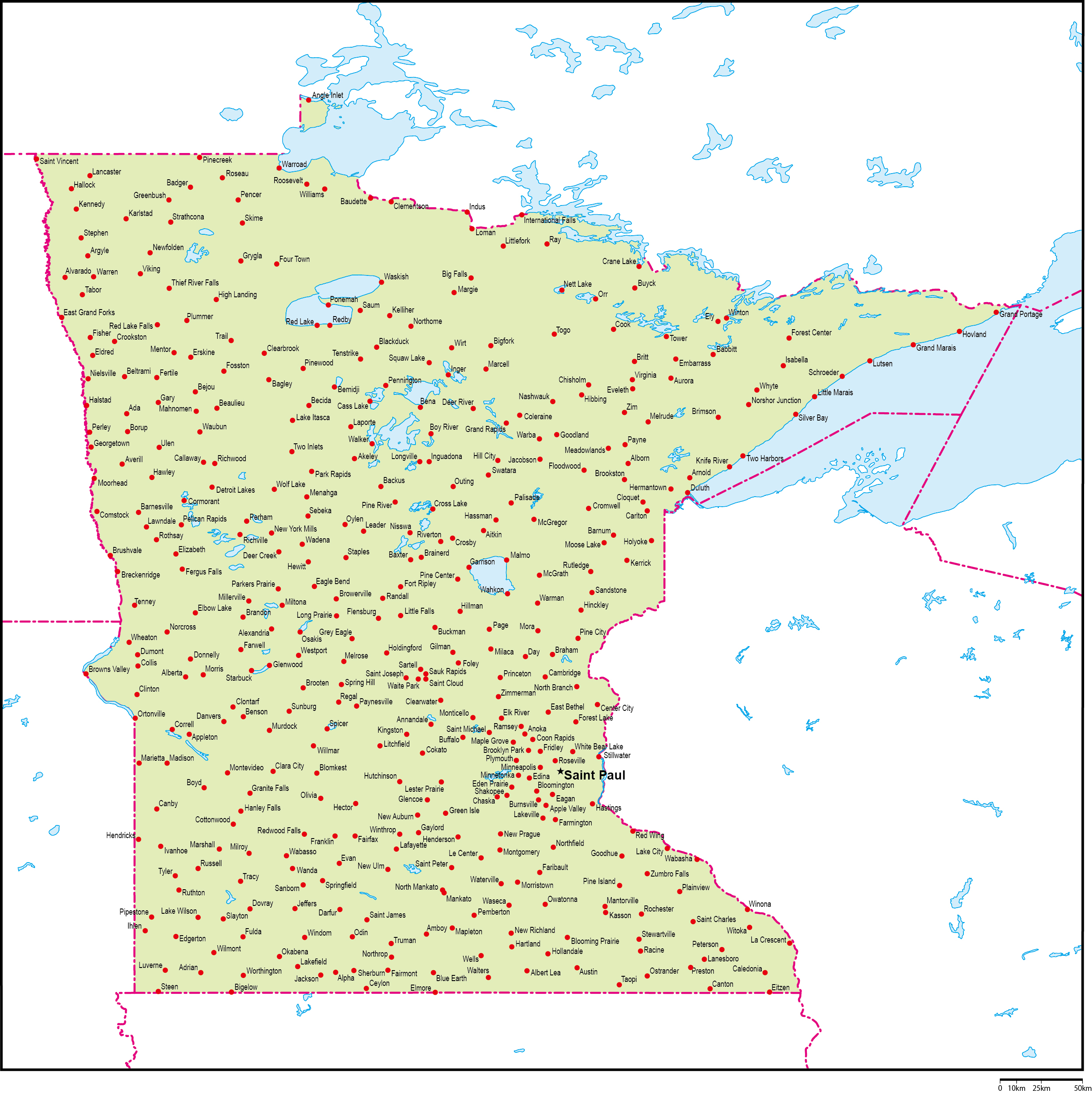 ミネソタ州地図州都・主な都市あり(英語)フリーデータの画像