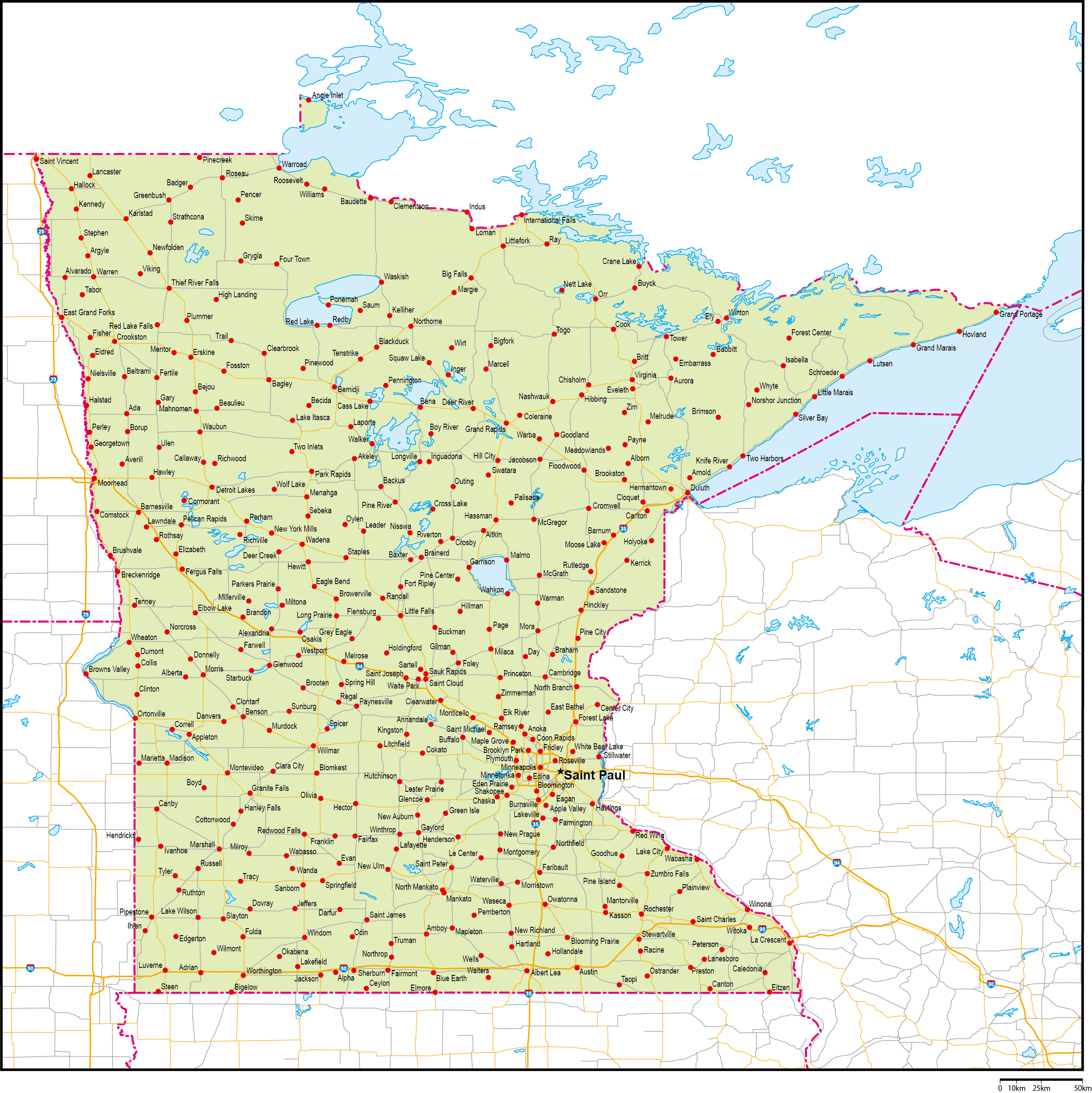 ミネソタ州地図州都・主な都市・道路あり(英語)フリーデータの画像