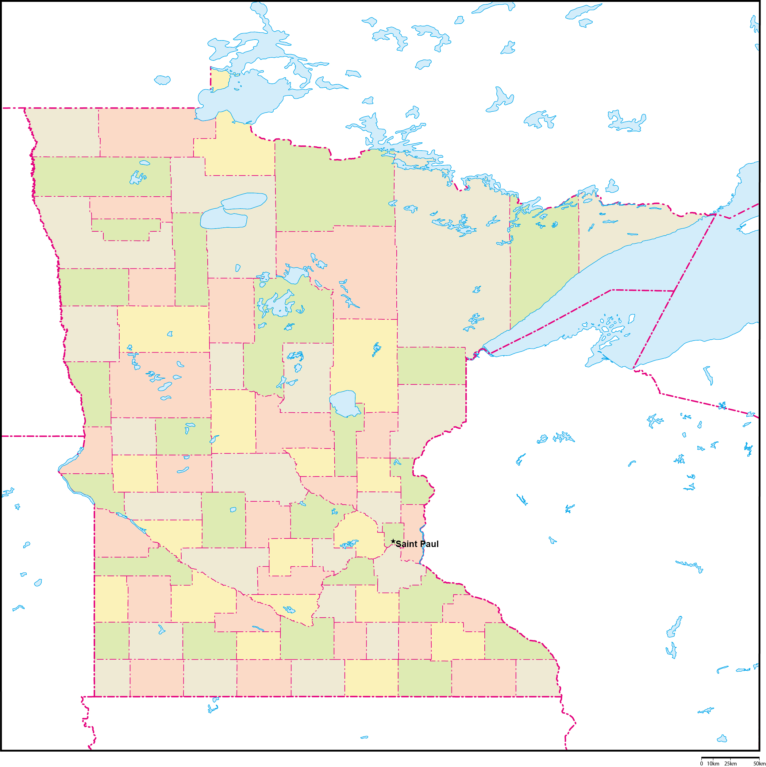 ミネソタ州郡色分け地図州都あり(英語)フリーデータの画像