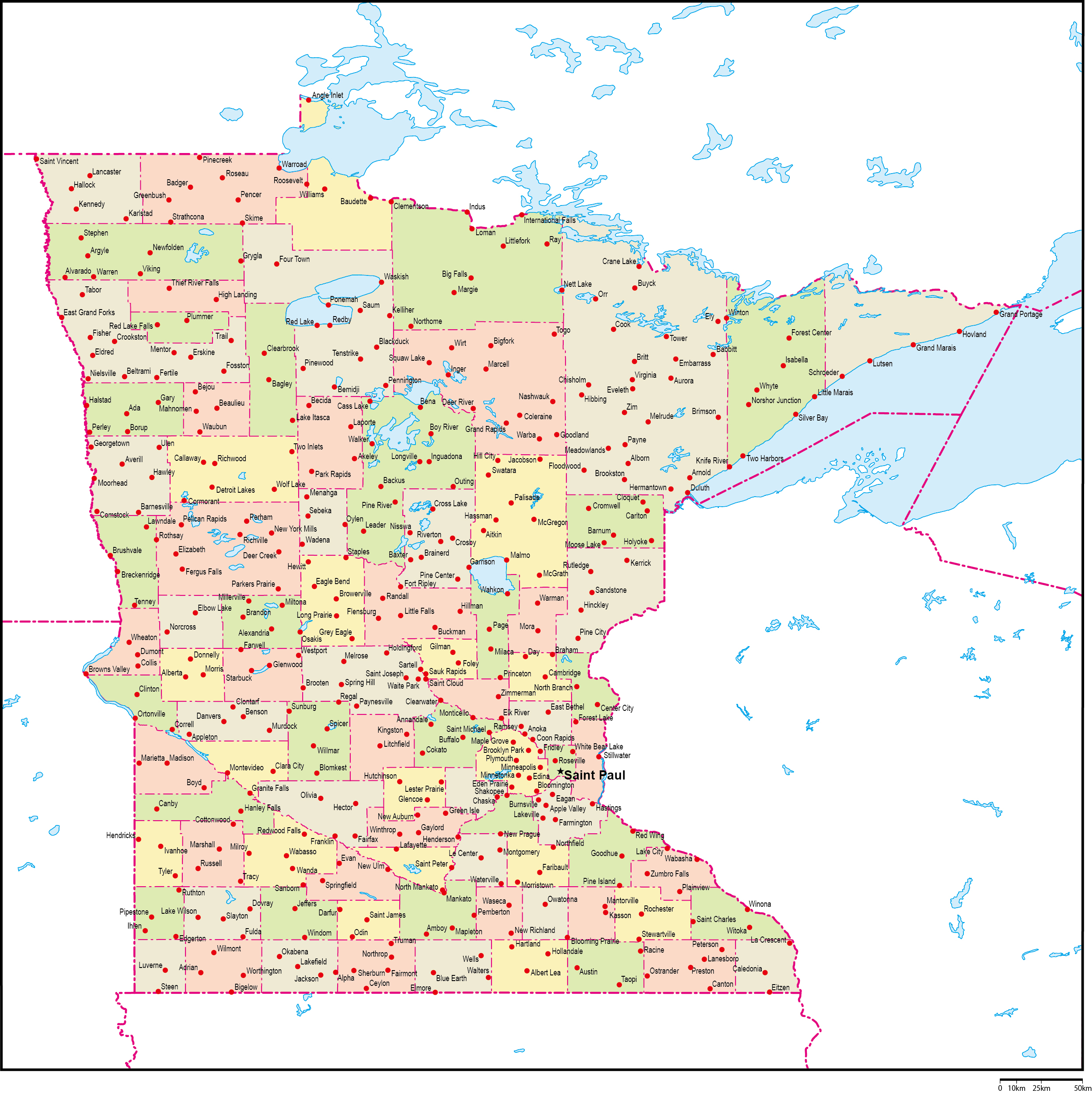 ミネソタ州郡色分け地図州都・主な都市あり(英語)フリーデータの画像