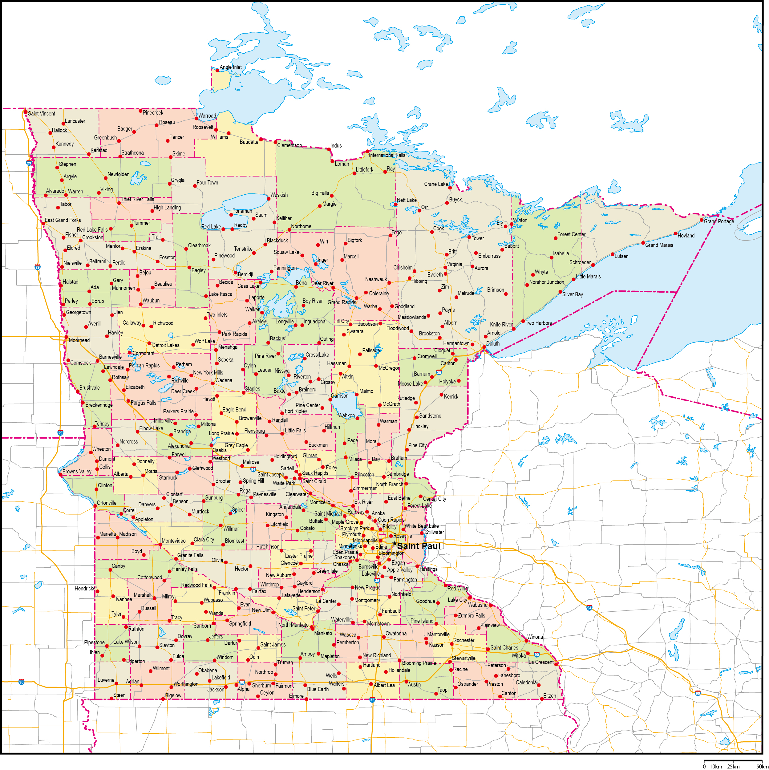 ミネソタ州郡色分け地図州都・主な都市・道路あり(英語)フリーデータの画像
