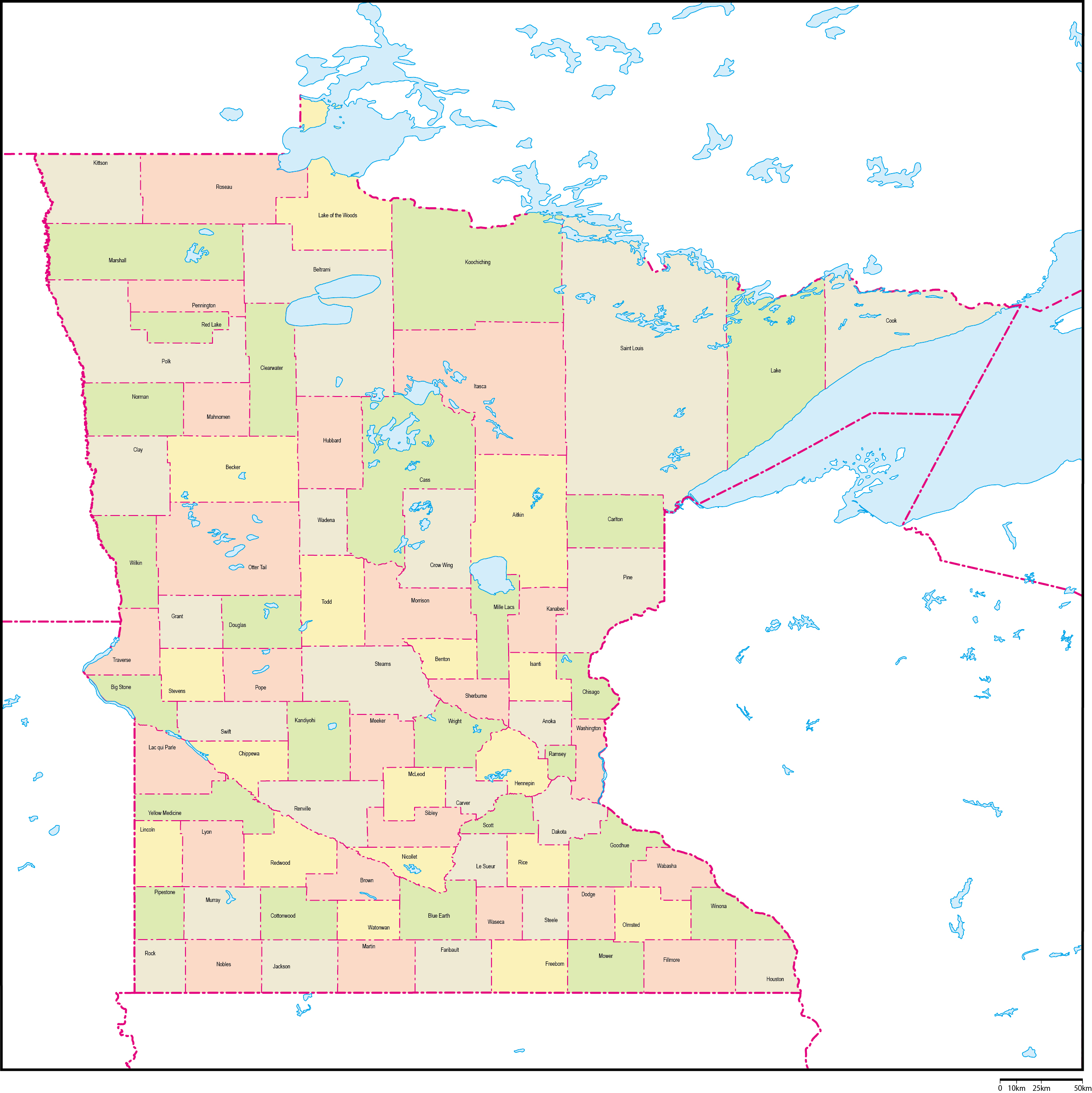 ミネソタ州郡色分け地図郡名あり(英語)フリーデータの画像