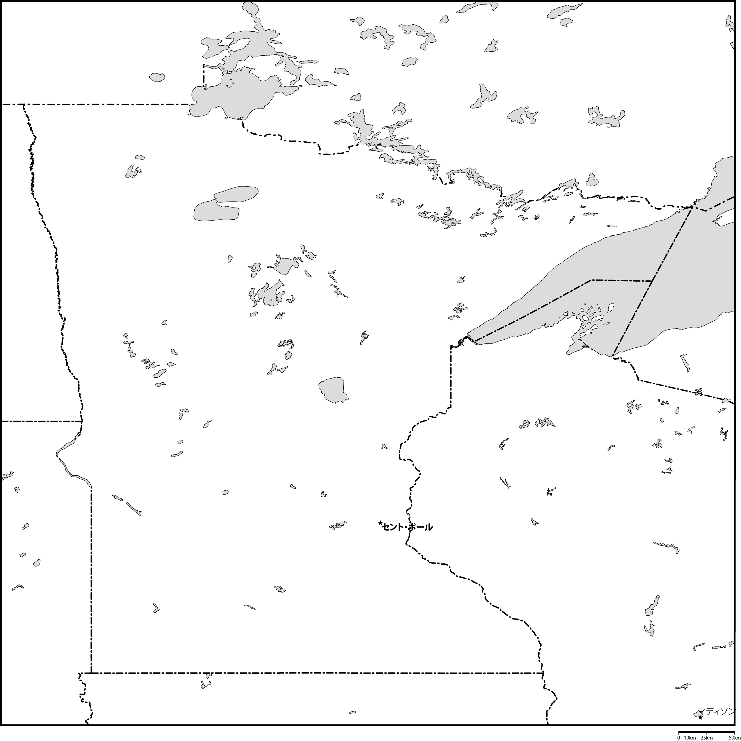 ミネソタ州白地図州都あり(日本語)フリーデータの画像