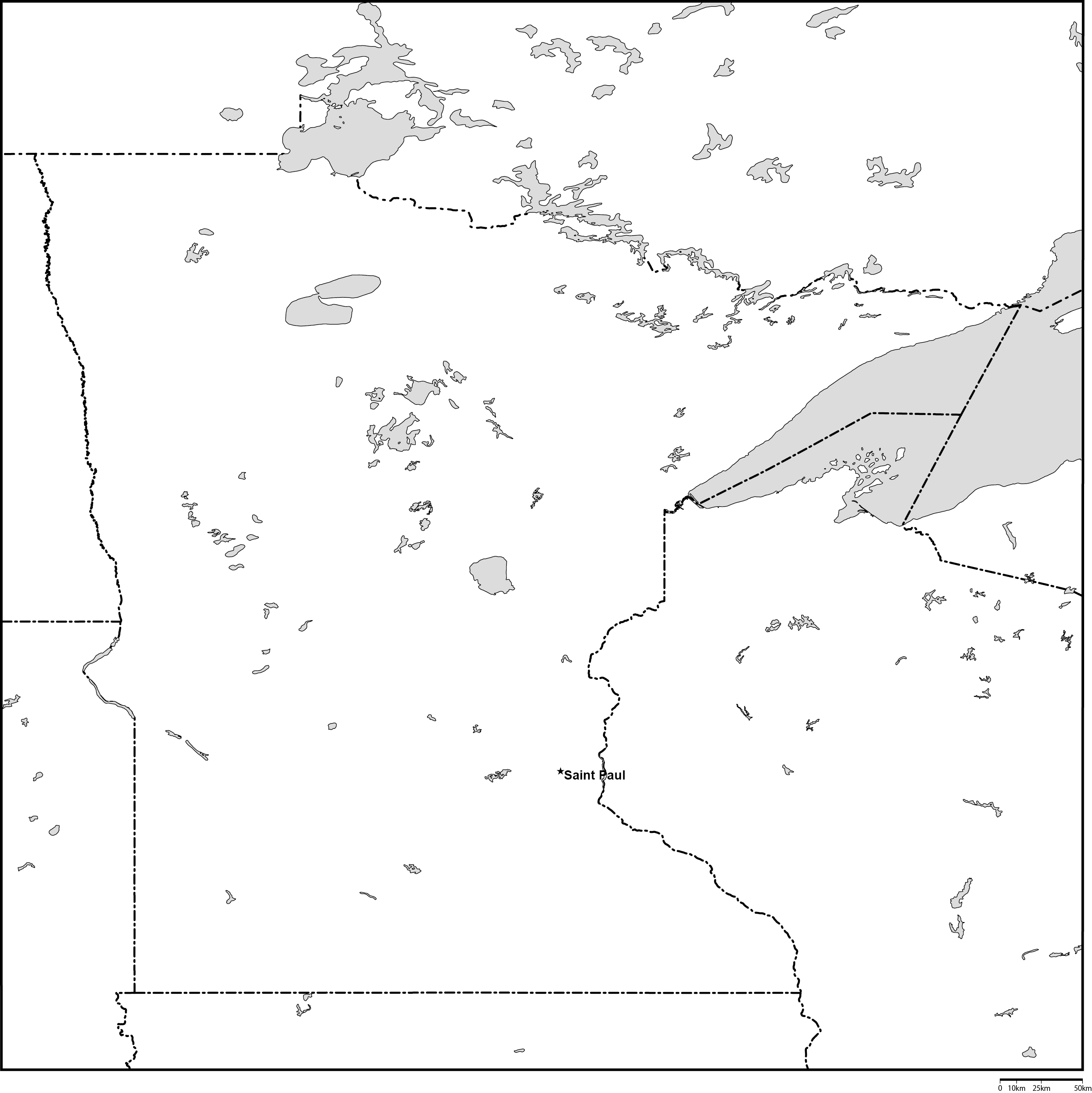 ミネソタ州白地図州都あり(英語)フリーデータの画像