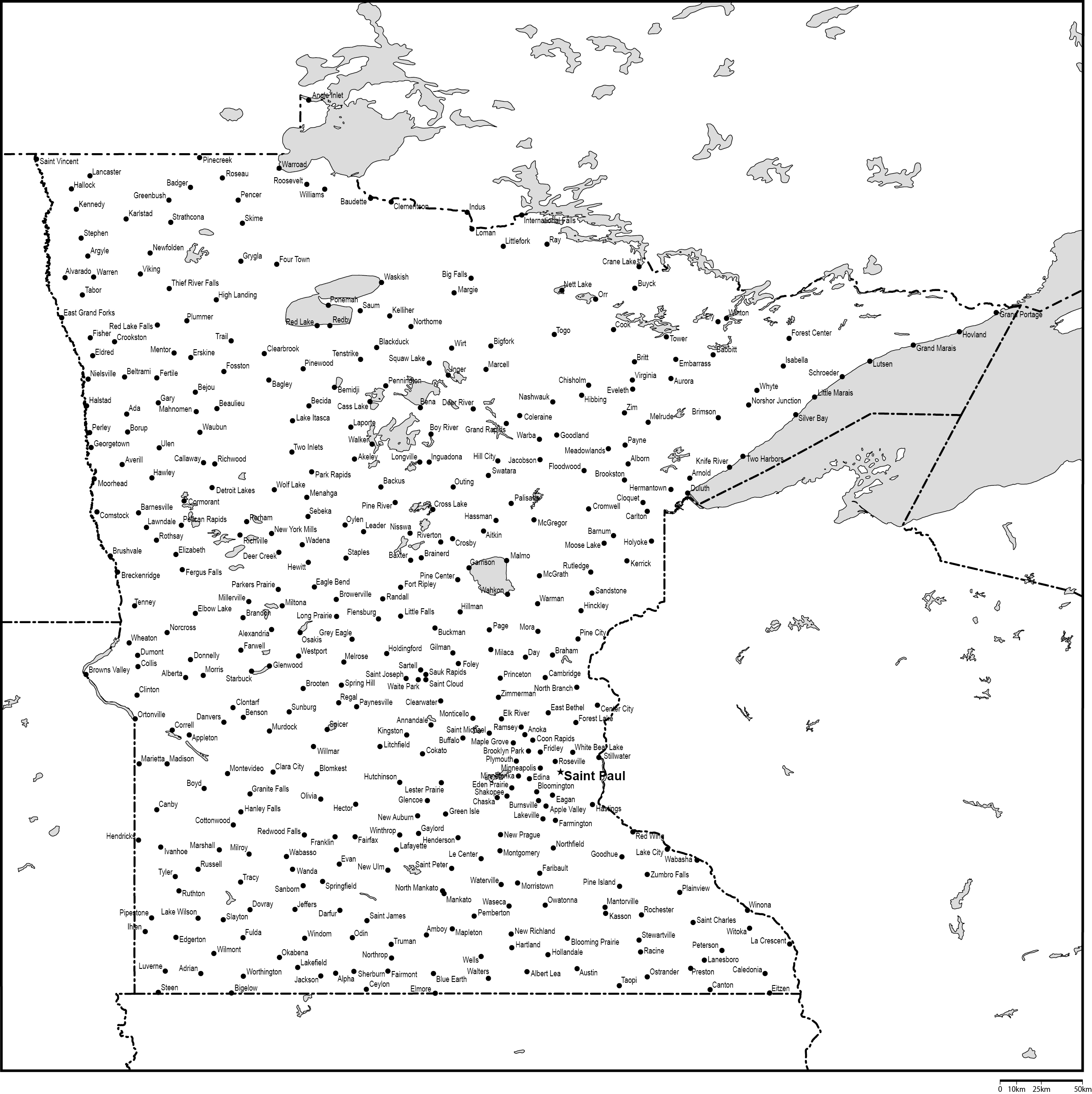 ミネソタ州白地図州都・主な都市あり(英語)フリーデータの画像