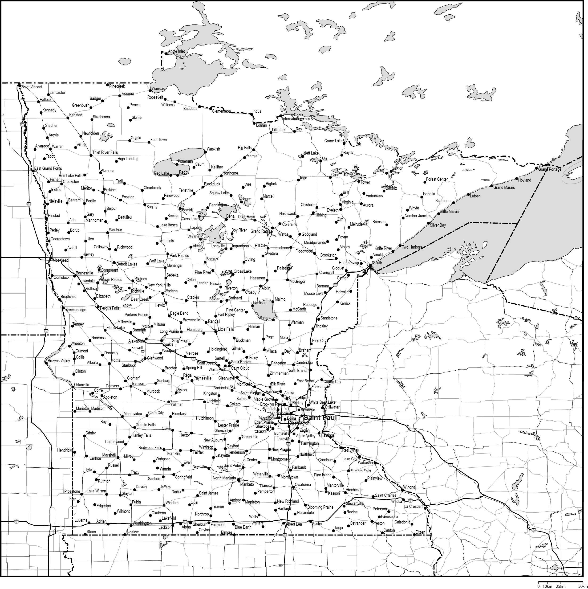 ミネソタ州白地図州都・主な都市・道路あり(英語)フリーデータの画像