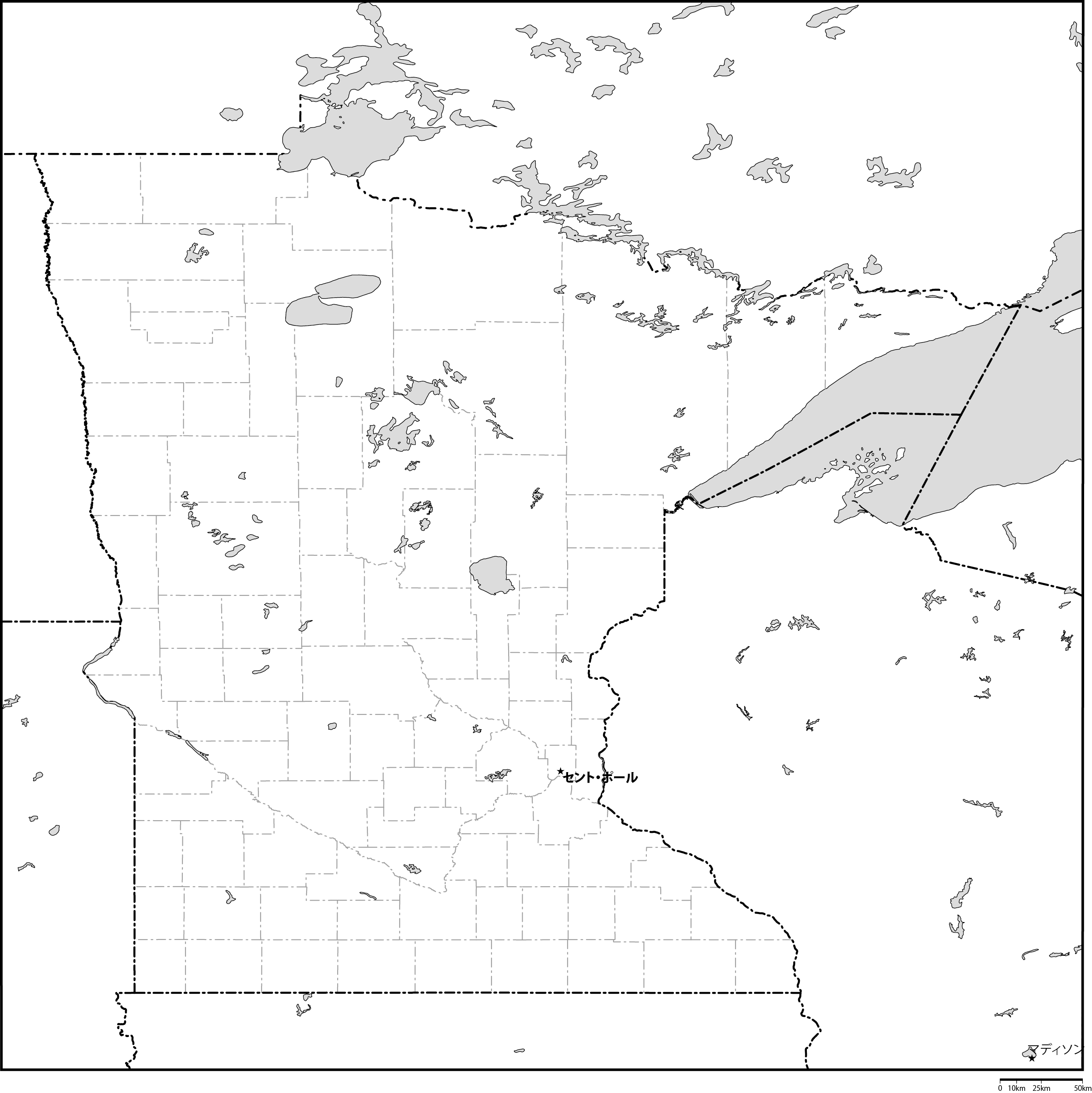 ミネソタ州郡分け白地図州都あり(日本語)フリーデータの画像