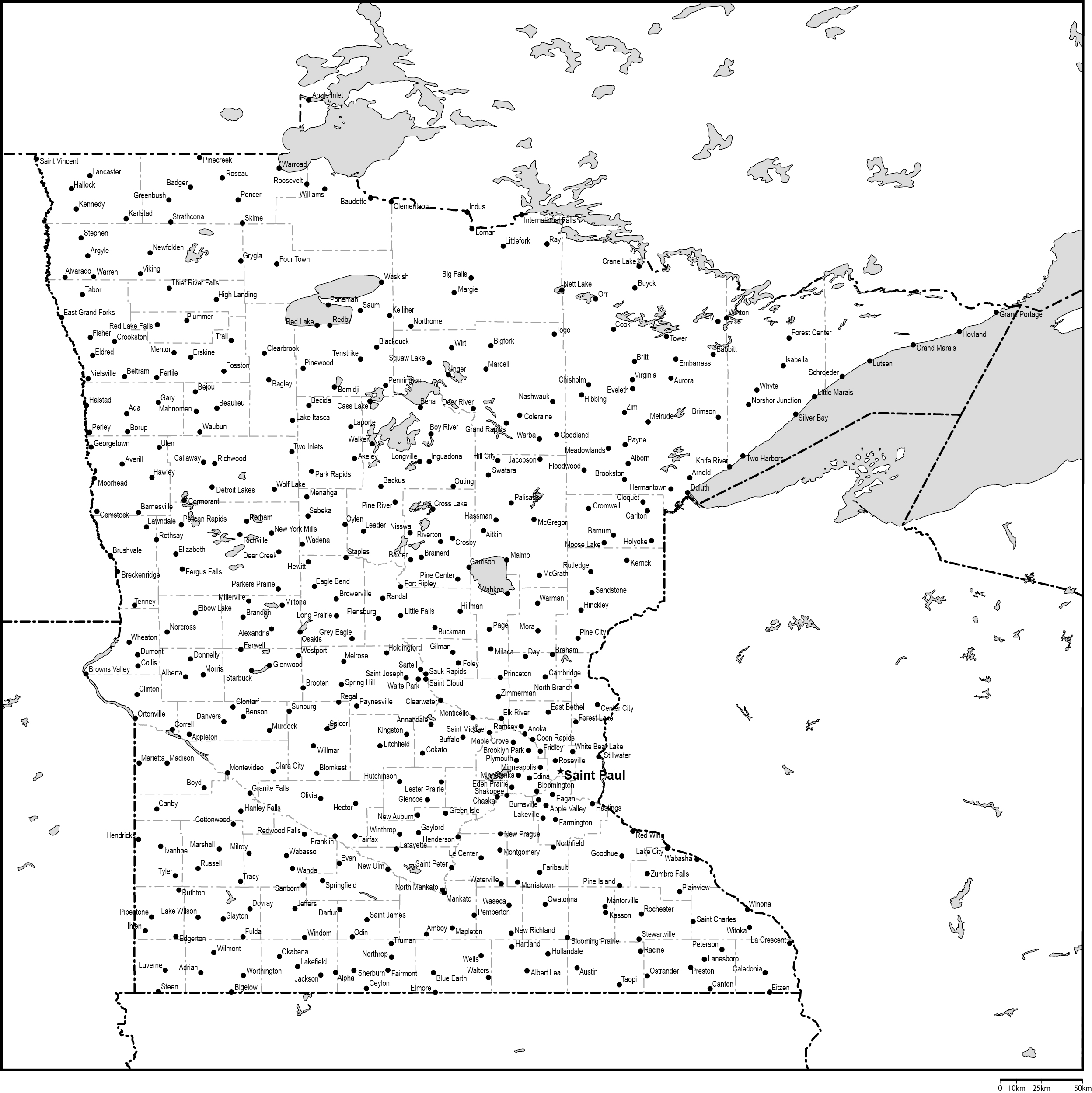 ミネソタ州郡分け白地図州都・主な都市あり(英語)フリーデータの画像