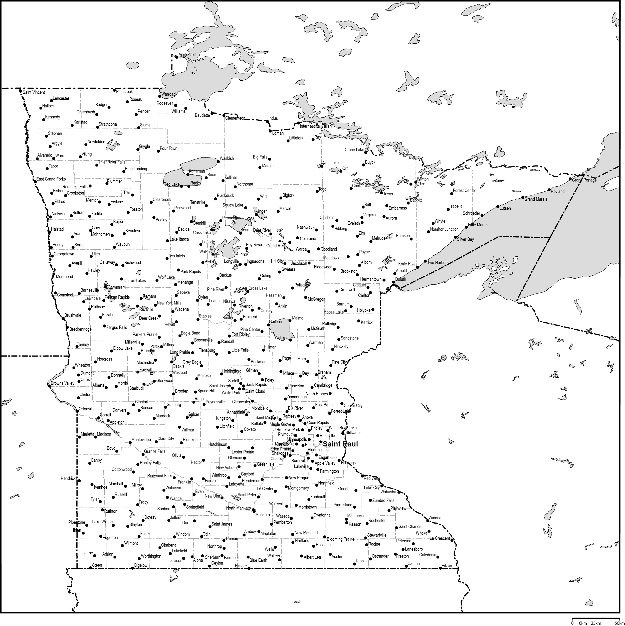 ミネソタ州郡分け白地図州都・主な都市あり(英語)フリーデータの画像